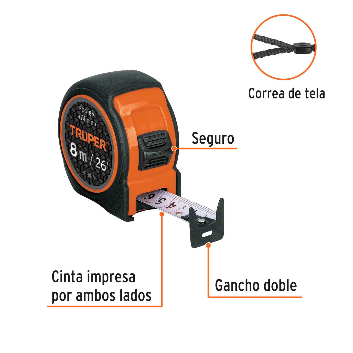 Flexómetro Compacto Truper Naranja 8 m Cinta 25 mm contra Impactos