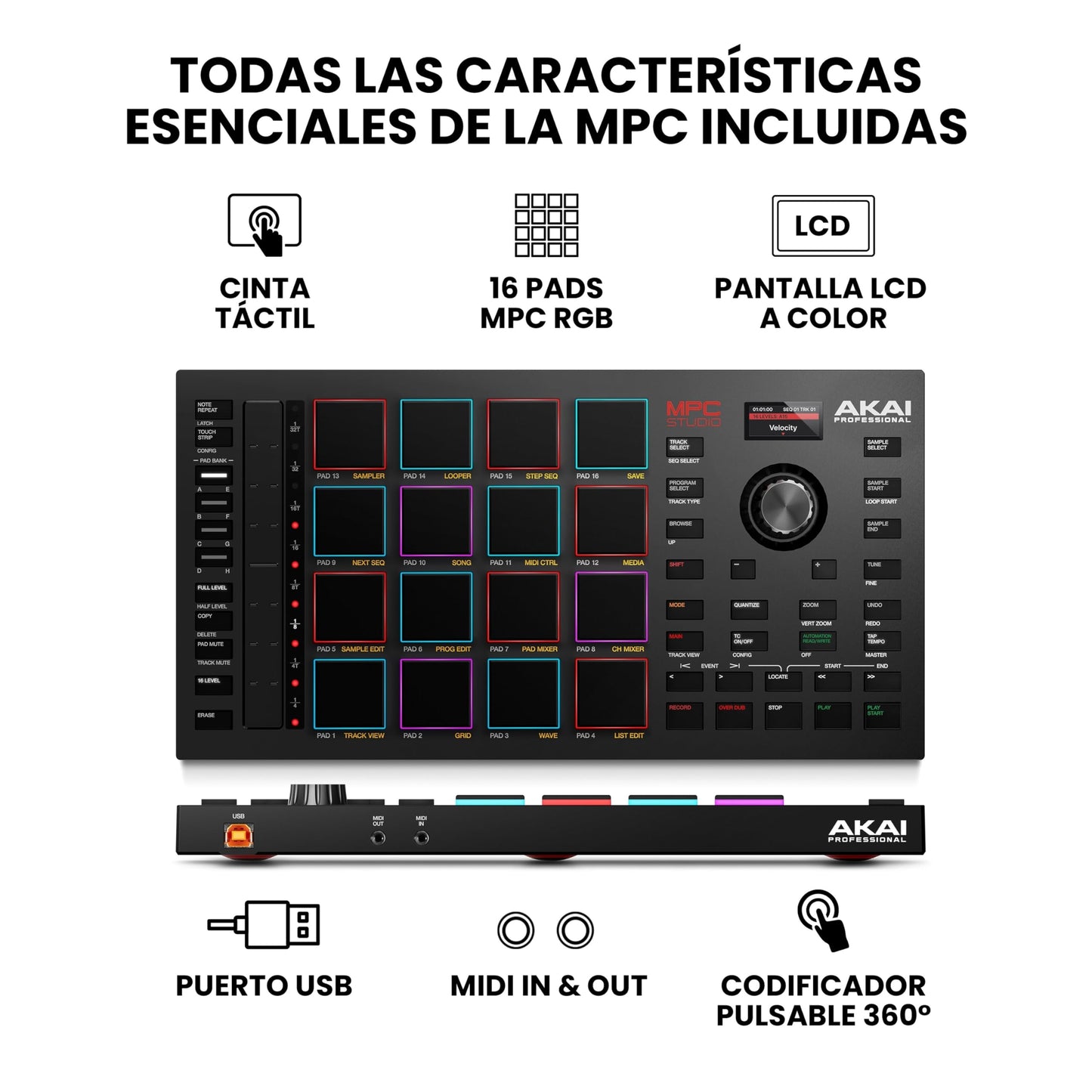 AKAI Professional MPC Studio – Controlador MIDI Beat Maker con 16 pads RGB sensibles a la velocidad, software MPC, banda táctil asignable y pantalla
