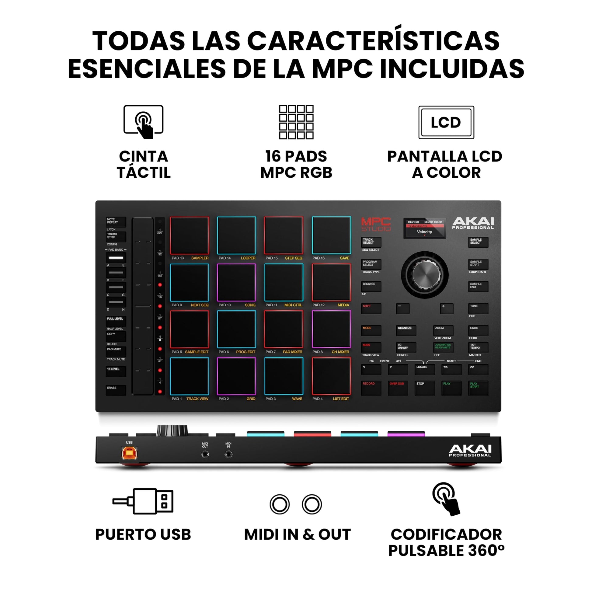 AKAI Professional MPC Studio – Controlador MIDI Beat Maker con 16 pads RGB sensibles a la velocidad, software MPC, banda táctil asignable y pantalla