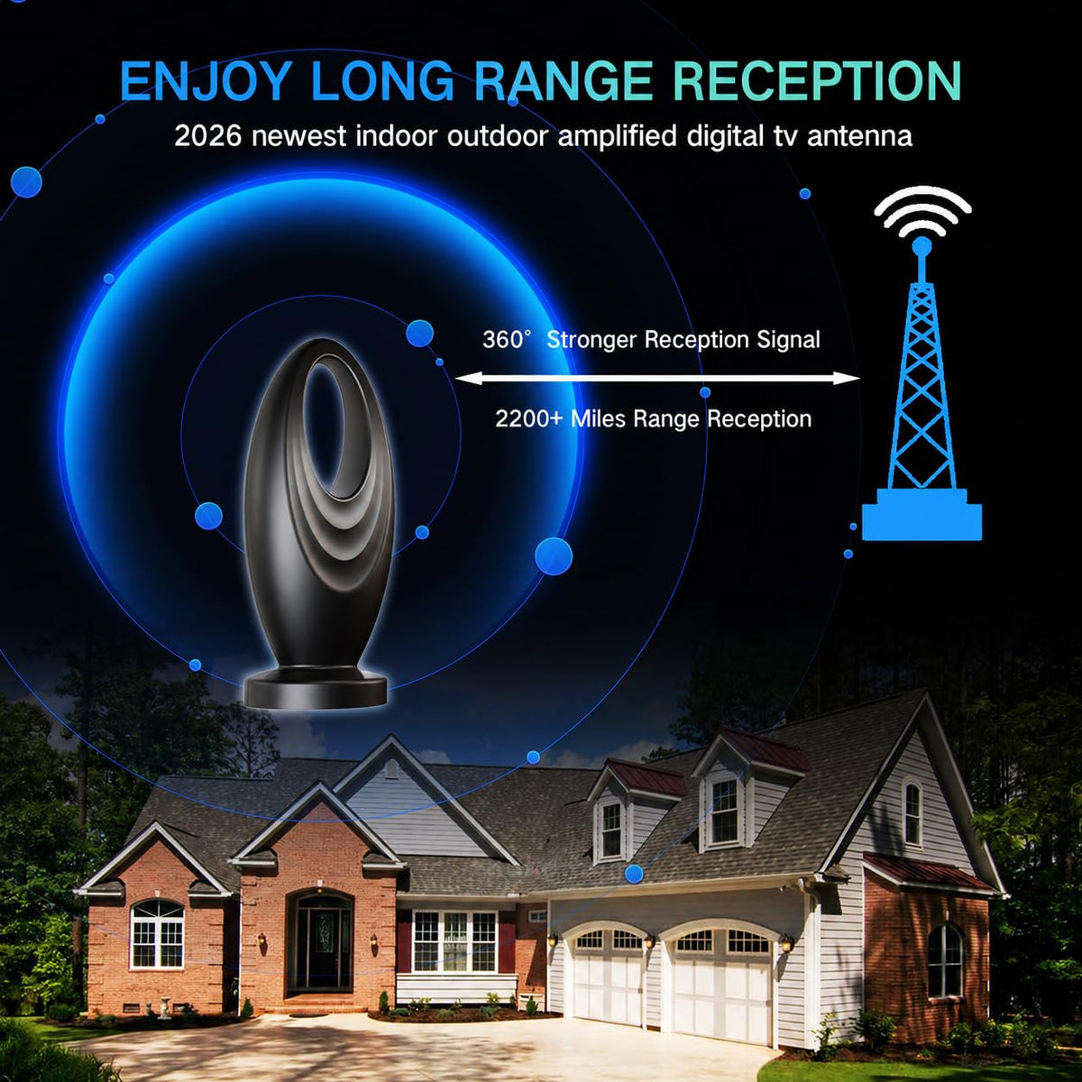Antena de TV Digital 2026 para Smart TV y TV Antigua Negro con Señal 360° para el Hogar y RV