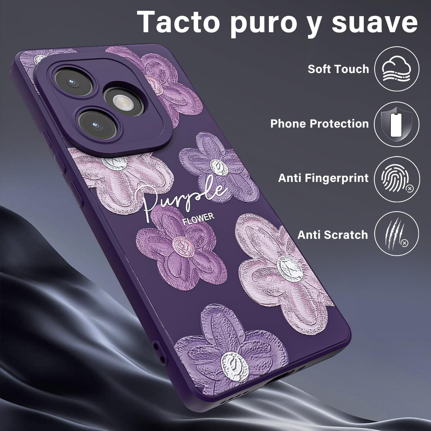 Threehao Funda para Realme GT 6 y Realme GT 6T Case Uso Rudo, Ultra Delgado Flexible Púrpura Suave TPU Silicona Carcasa con Moda Aesthetic Dibujos Flores, Antigolpes Anti-arañazos Protectora
