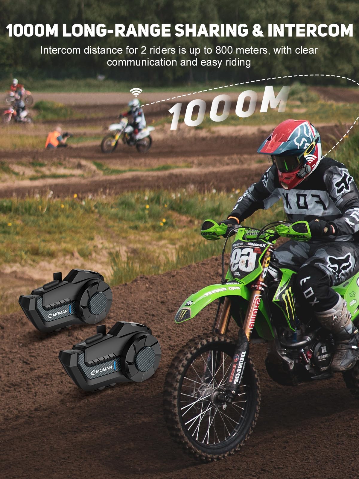 Moman - Intercomunicador para motocicleta, H2 Pro, 2 unidades de fibra de carbono: intercomunicador de motocicleta de 2 vías de 1000 m, DSP y CVC, sistema de comunicación, sistema de comunicación