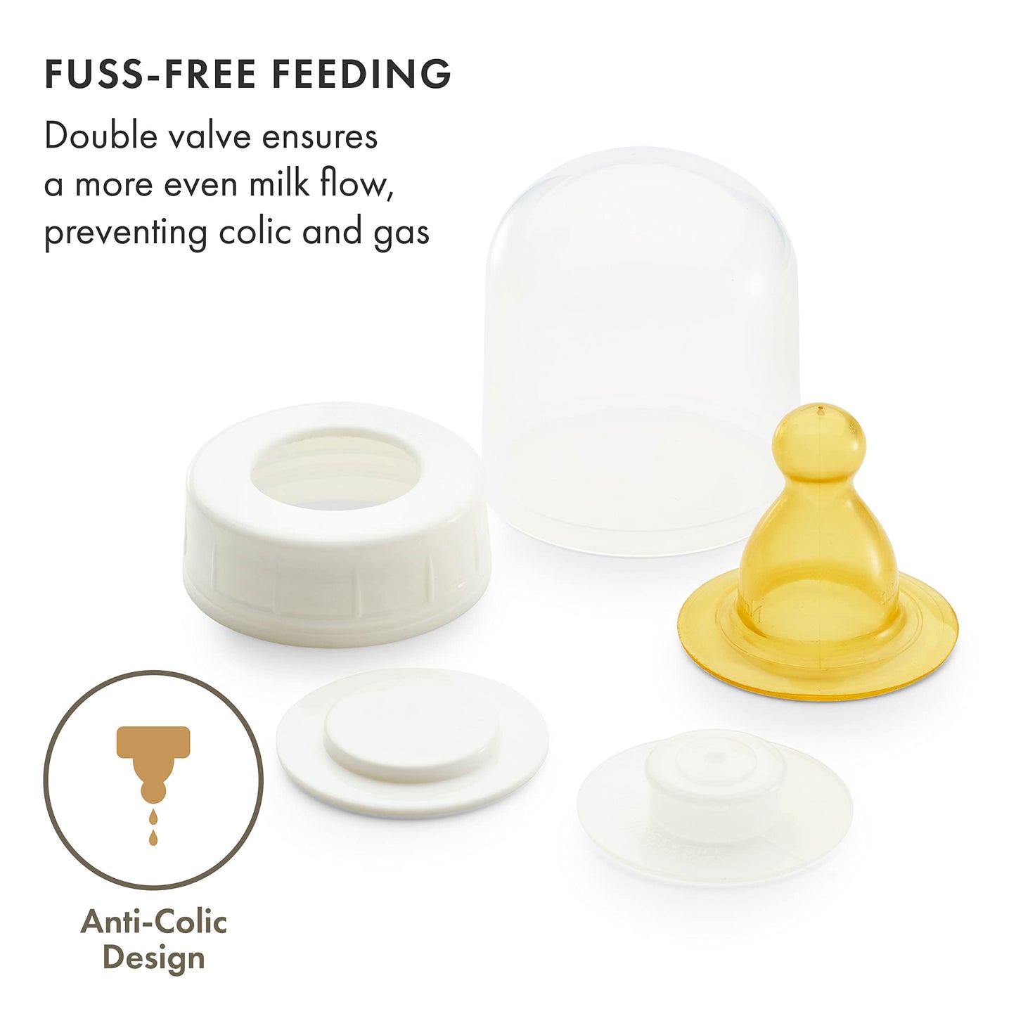 Natursutten - Biberones de cristal anticólicos de 8 onzas con pezones de goma natural y látex de flujo lento, 2 unidades. Cristal de borosilicato fabricado en Francia. Caucho natural fabricado en Italia.