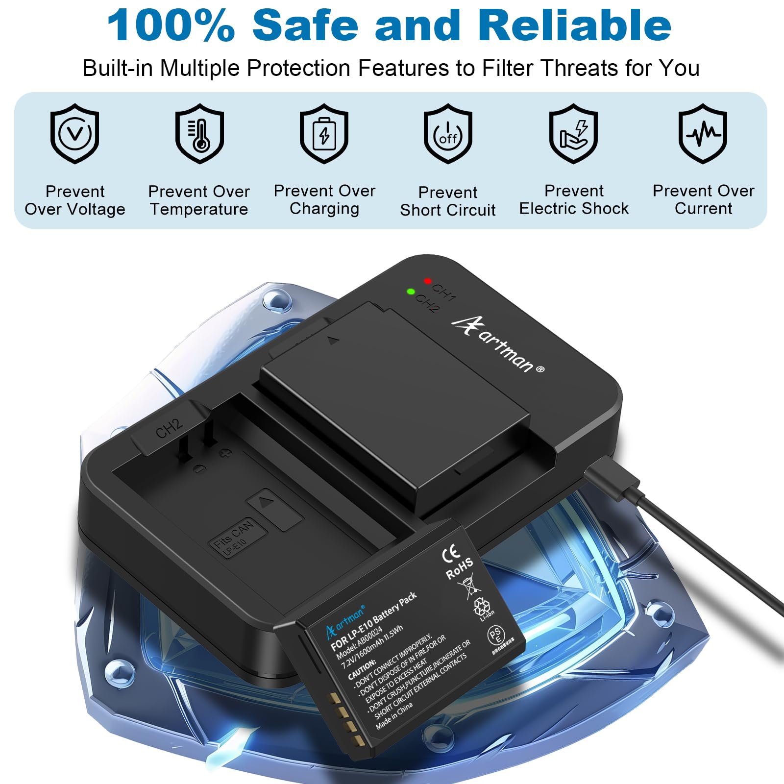 Artman LP-E10 Batería y Cargador USB Dual para Canon EOS Rebel T7 T6 T5 T3 T100, Kiss X50 Kiss X70 EOS 1100D/1200D/1300D/2000D Cámaras Digitales (2-Pack 1600mAh)
