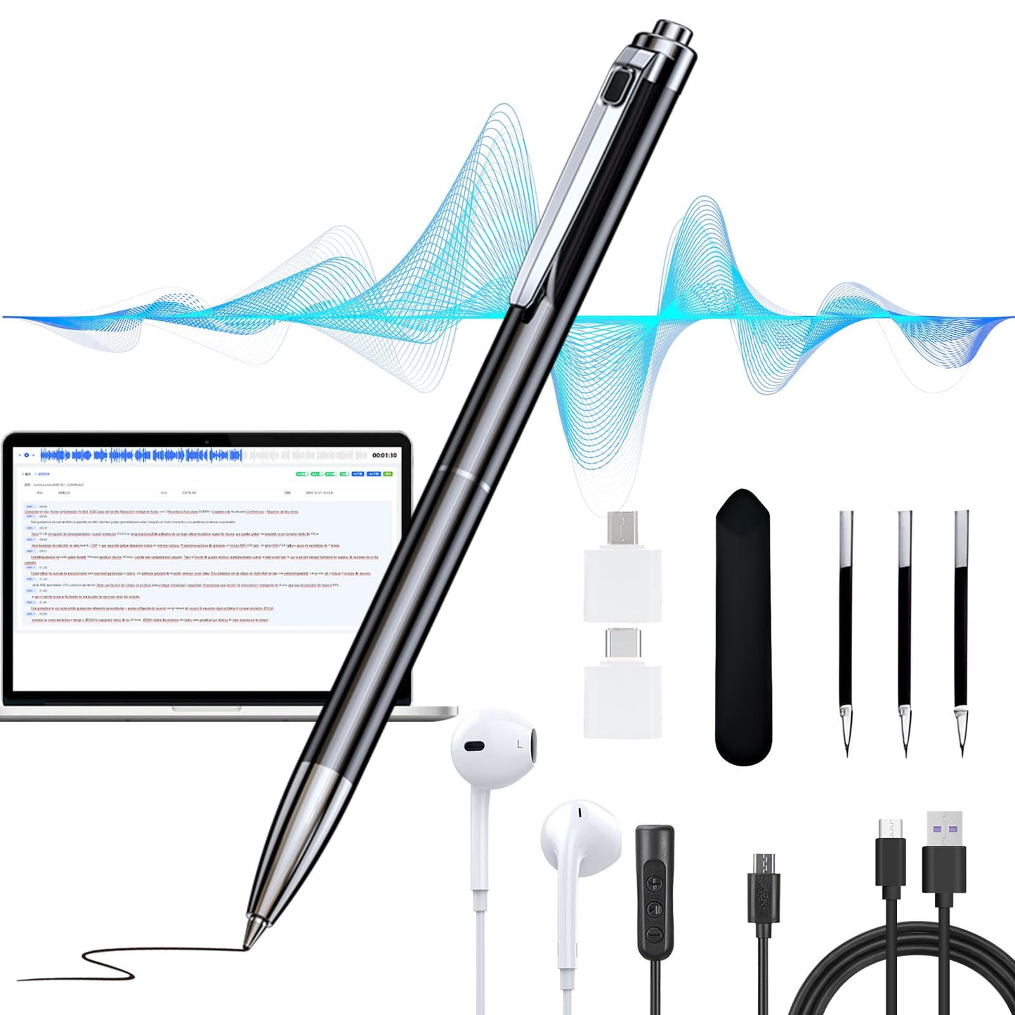 Grabadora de Voz 16GB Profesional con Transcripción a Texto,Reducción de Ruido AI,Diseño en Lápiz Metálico Ultra Delgado con 3 Recambios,para Clases,Reuniones y Conferencias(MP3/WAV,Memoria Ampliable)