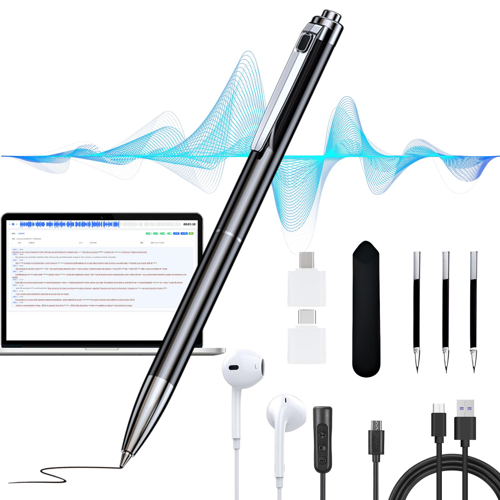 Grabadora de Voz 16GB Profesional con Transcripción a Texto,Reducción de Ruido AI,Diseño en Lápiz Metálico Ultra Delgado con 3 Recambios,para Clases,Reuniones y Conferencias(MP3/WAV,Memoria Ampliable)