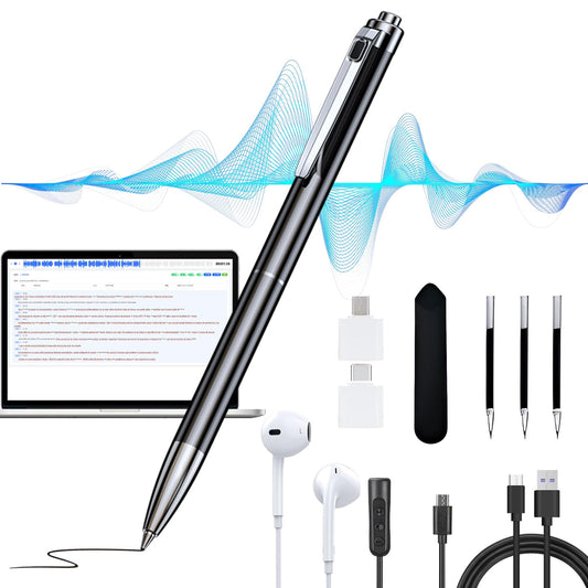 Grabadora de Voz 16GB Profesional con Transcripción a Texto,Reducción de Ruido AI,Diseño en Lápiz Metálico Ultra Delgado con 3 Recambios,para Clases,Reuniones y Conferencias(MP3/WAV,Memoria Ampliable)