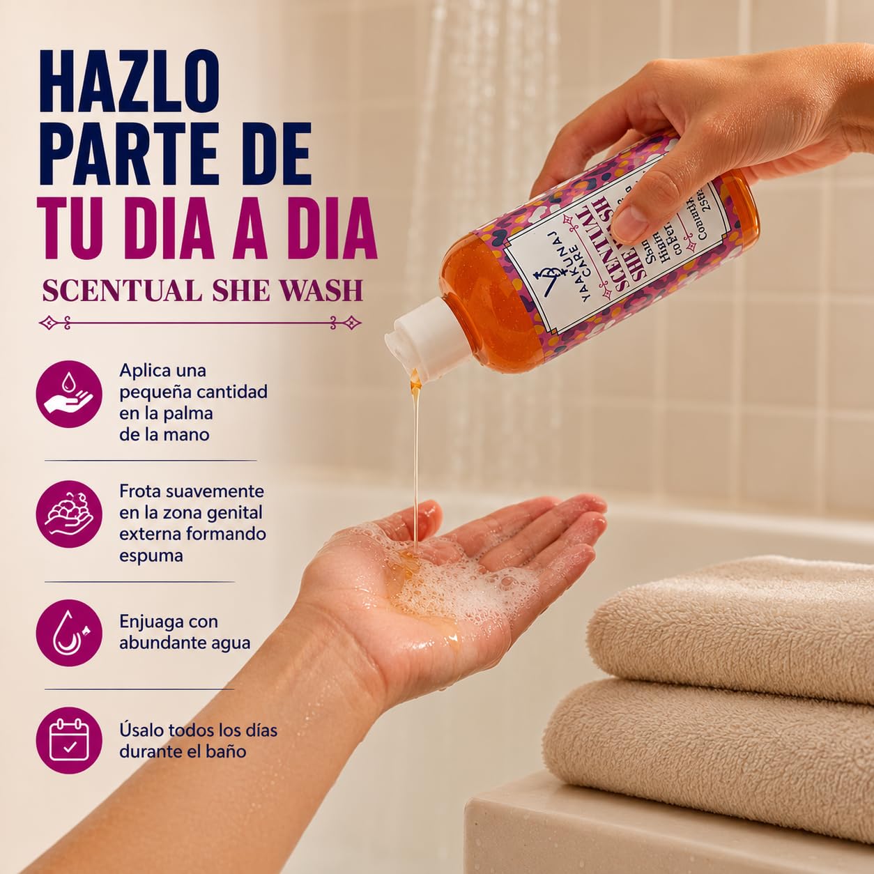 Shampoo Íntimo - Yaakunaj Care - Scentual She Wash - 250ml - Jabon Liquido - Con Feromonas, Vitamina E, Tea Tree, Malvavisco, Manzanilla Y Aloe Vera - Para Mujer - Fragancia
