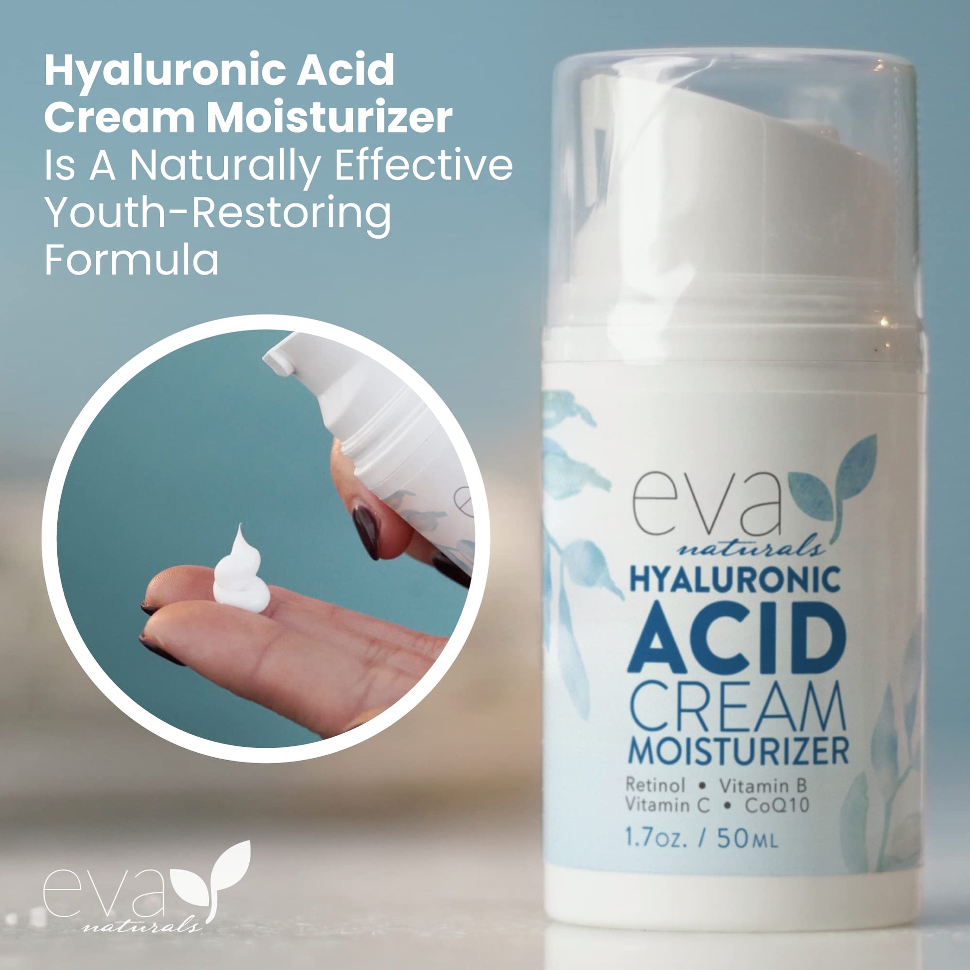 Hyaluronic Acid Moisturizing Cream by Eva Naturals - Best Wrinkle Cream - Facial Moisturizer, Dry Skin Cream, Retinol, Vitamin B, C & E, CoQ10 - Anti-Aging: Reduces Dry Skin, Fine Lines & Wrinkles