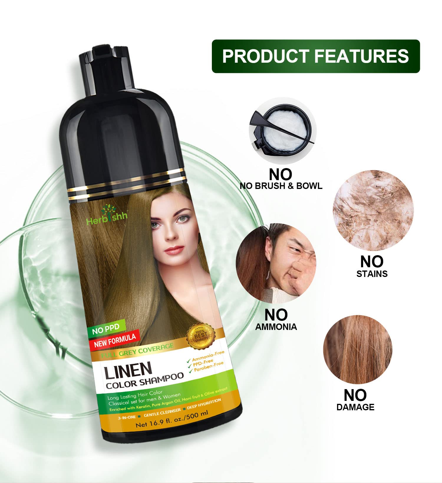 Herbishh - Champú para teñir el cabello gris, champú con tinte natural para el cabello, colorea el cabello en minutos, dura hasta 3 a 4 semanas, 500 ml, tinte de cabello 3 en 1, sin amoniaco | (lino)