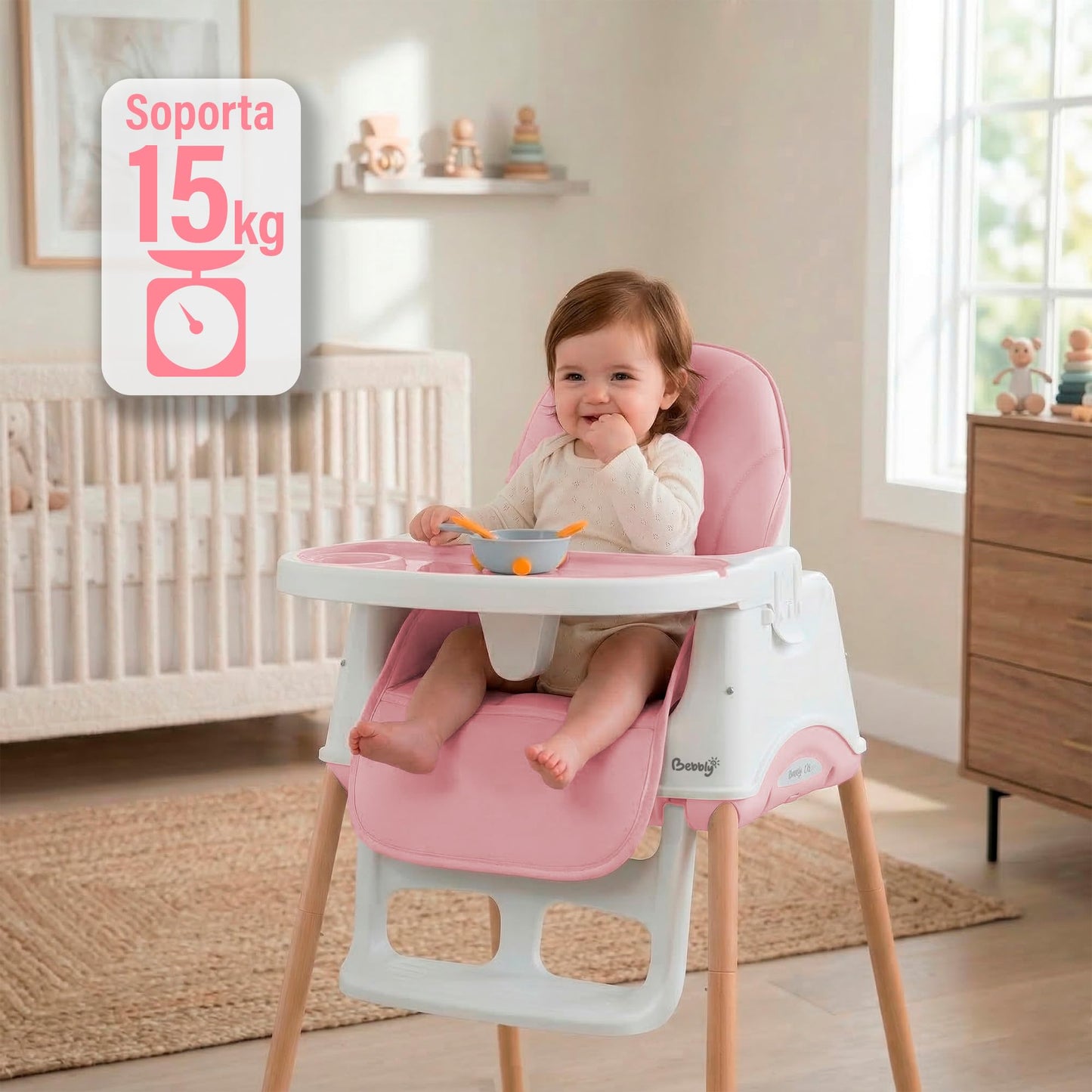 BEBBLY Silla Alta para Bebé con Patas de Madera Antiderrapante Asiento Ergonómico con Charola y Arnés de Seguridad Ideal para Comer o Jugar Niños y Niñas desde 6 Meses Moderna y Fácil de Limpiar