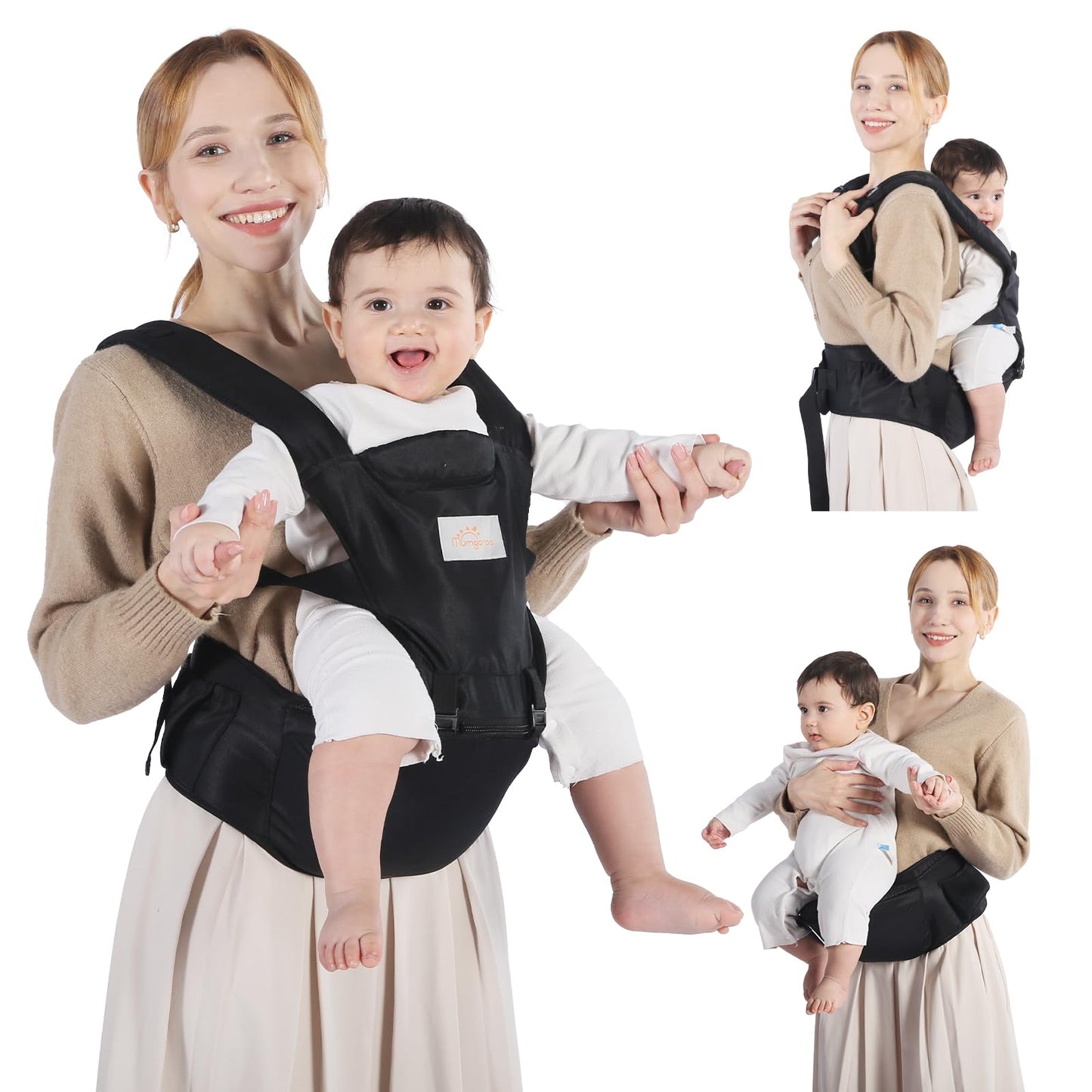 Mumgaroo - Portabebés 6 en 1 con asiento de cadera, ergonómico y suave (negro)