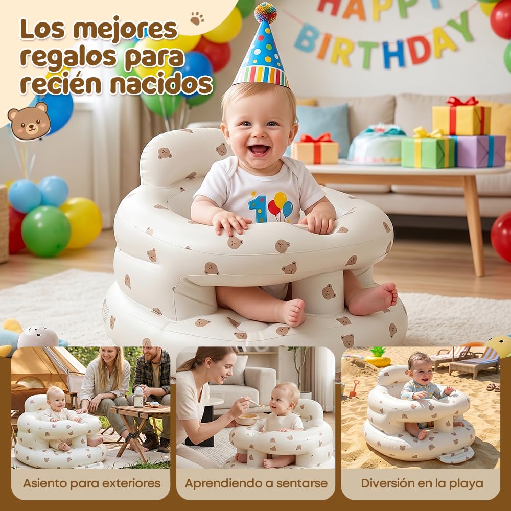 Asiento Inflable Circundante para Bebés, Respaldo Inflable Sofá, Silla Inflable Plegable, Bomba De Aire Incorporada y Bandeja, Adecuado Para Que Los Niños Coman Y Se Bañen (Oso Pardo)