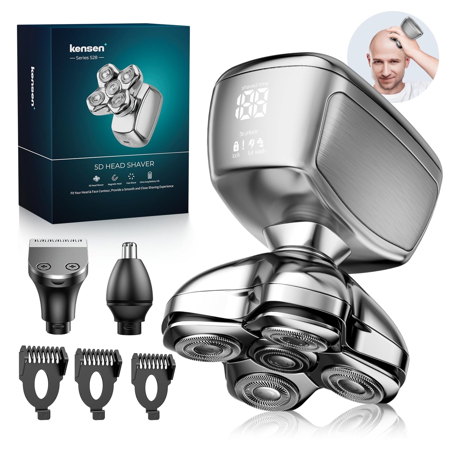 Rasuradoras para Hombre 3 en 1, Kensen Afeitadora Cabeza Hombre IPX6 Impermeable, Maquina Afeitar Cabeza con Cabezales Magnéticos 5D, Cortapelos Barba y Nariz, Afeitado en Seco y Húmedo, Carga USB-C