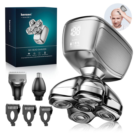 Rasuradoras para Hombre 3 en 1, Kensen Afeitadora Cabeza Hombre IPX6 Impermeable, Maquina Afeitar Cabeza con Cabezales Magnéticos 5D, Cortapelos Barba y Nariz, Afeitado en Seco y Húmedo, Carga USB-C