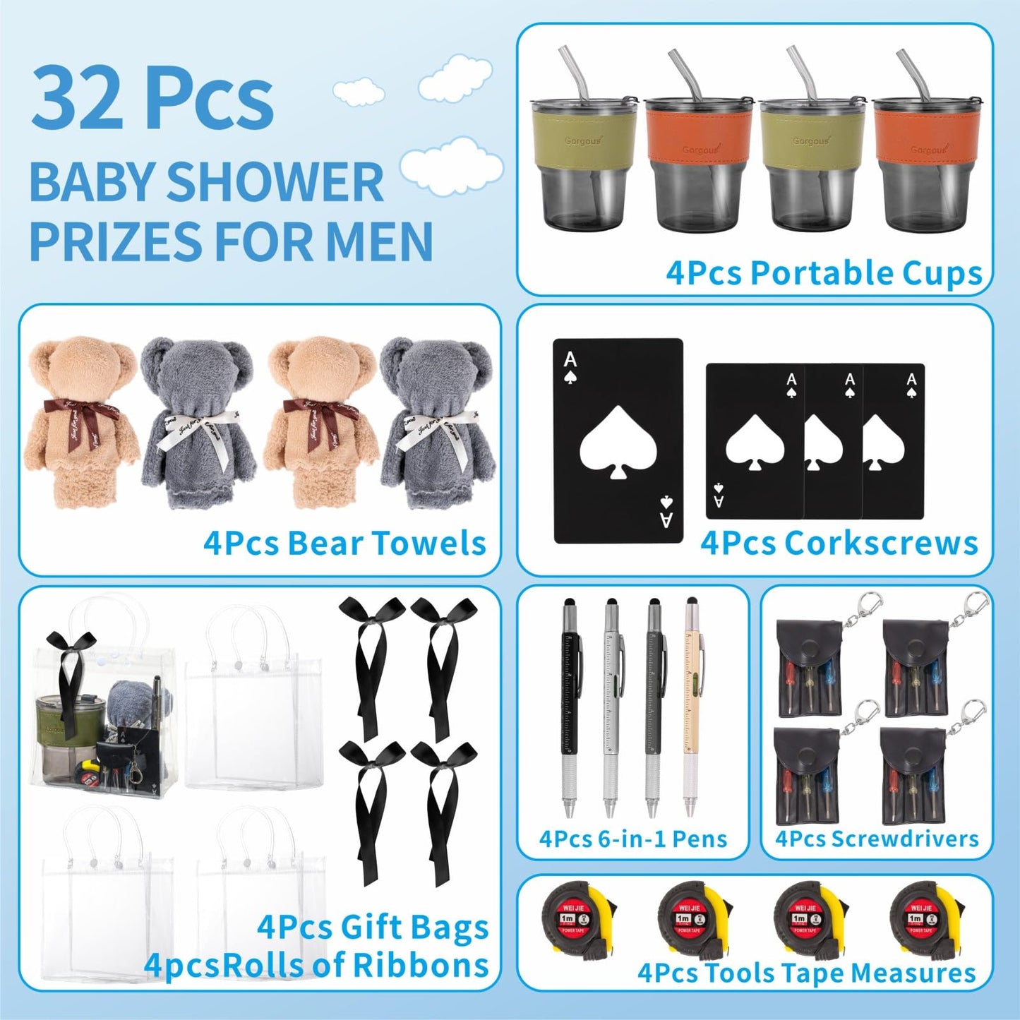 Buecobby - Juego de 4 premios para baby shower para hombres, con taza de vidrio, paño de limpieza, abridor de botellas, mini destornillador, juego de llaveros, bolígrafo multiherramienta, premios