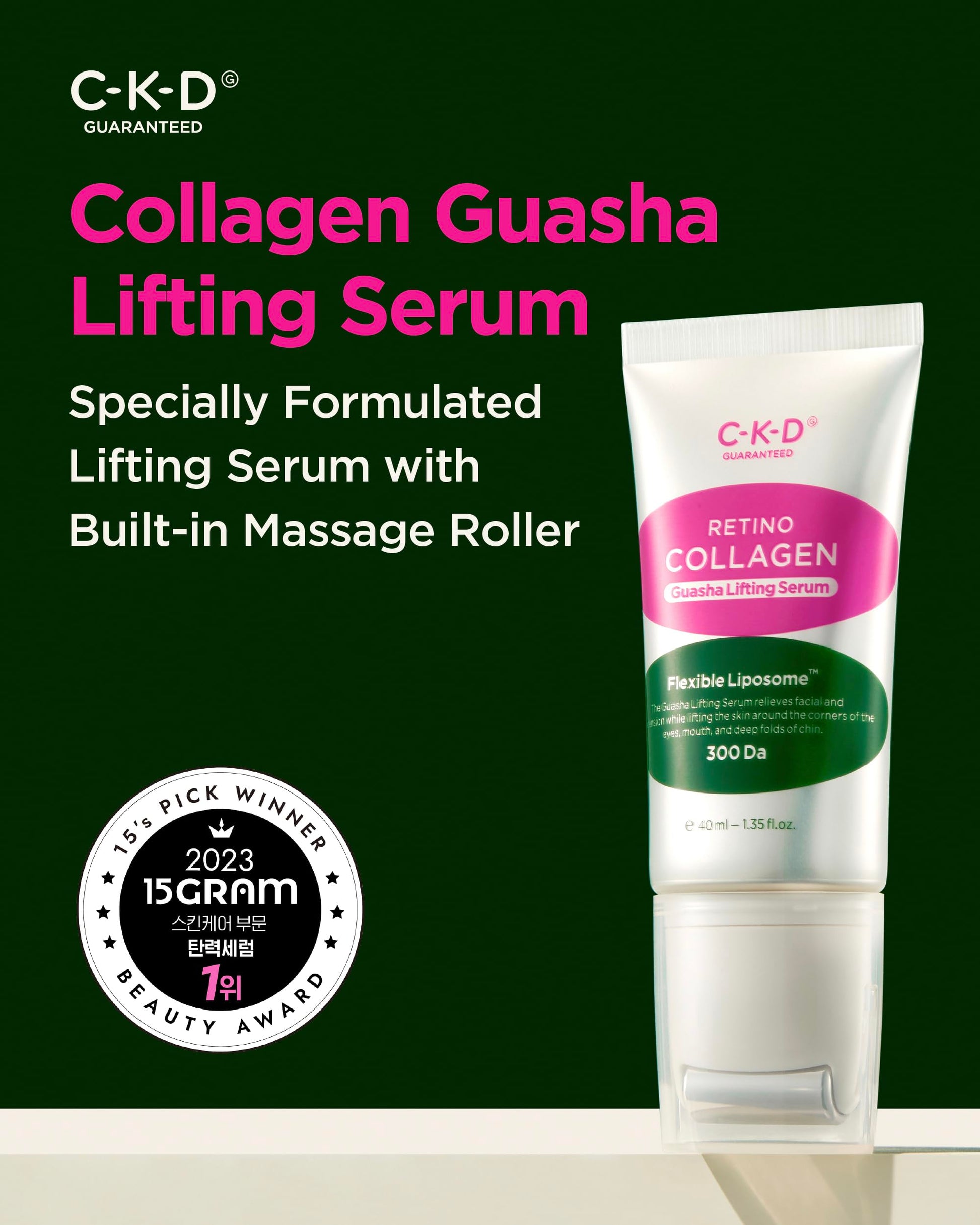 Suero facial CKD Gua Sha con colágeno retinol para reafirmar, tensar, hidratar y combatir el envejecimiento. Rodillo de acero inoxidable. Cuidado de la piel coreano. 1,35 fl oz