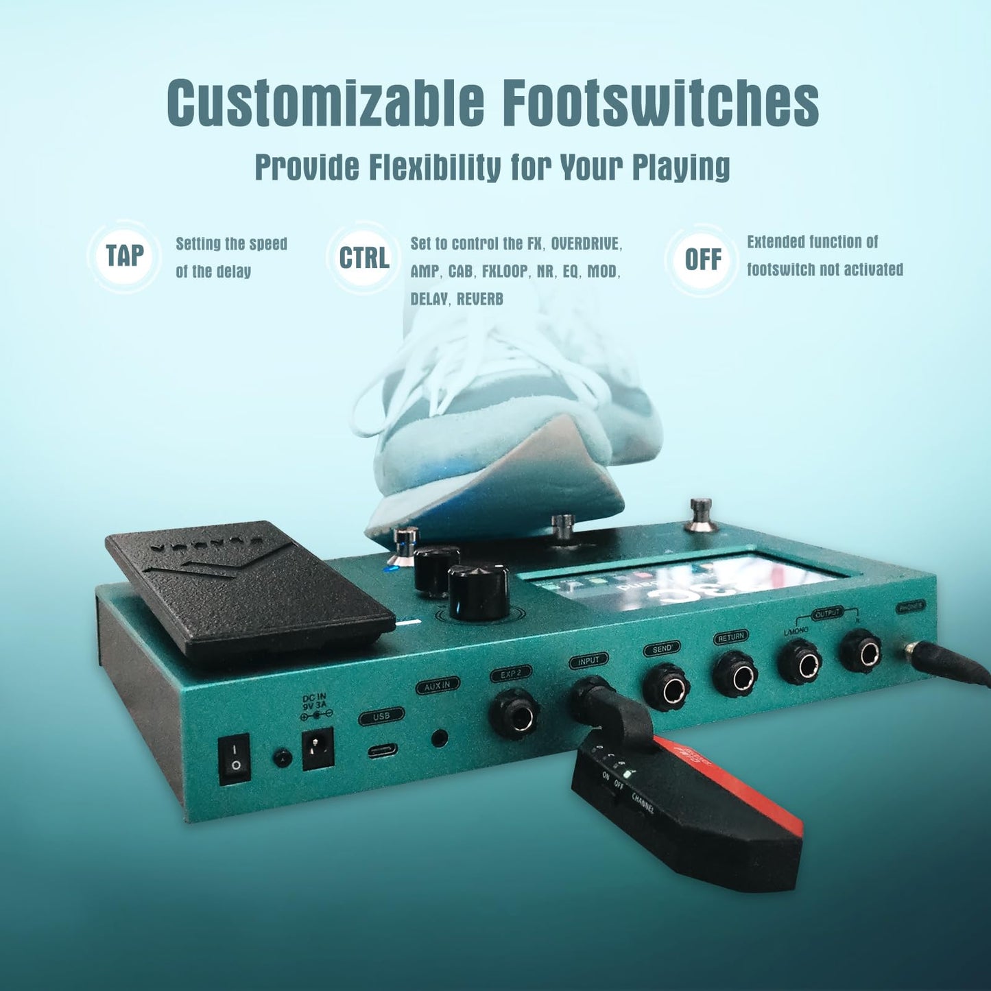 Pedal Multiefectos Flamma FX150B Negro con Visualización Táctil y Batería Integrada para Guitarra Eléctrica