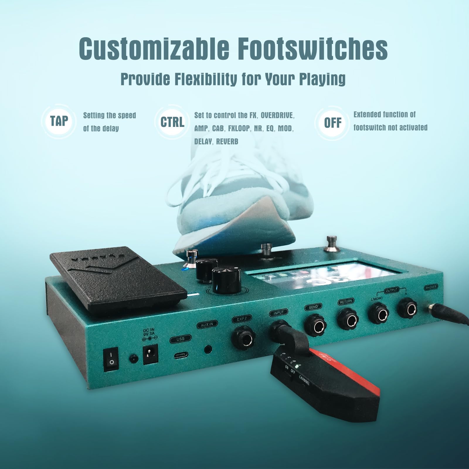 Pedal Multiefectos Flamma FX150B Negro con Visualización Táctil y Batería Integrada para Guitarra Eléctrica