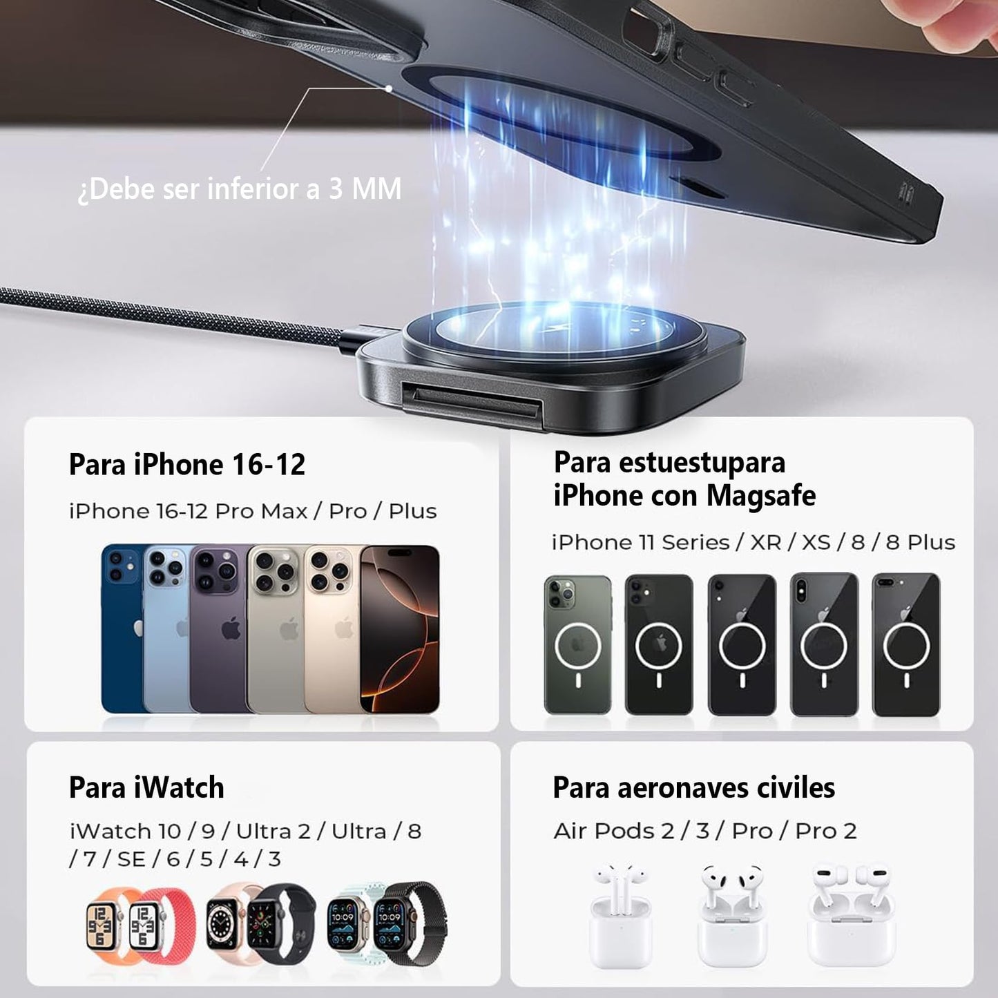 Cargador Inalámbrico Sadoway Negro 15W Plegable Magnético 2 en 1 Compatible con iPhone y Apple Watch