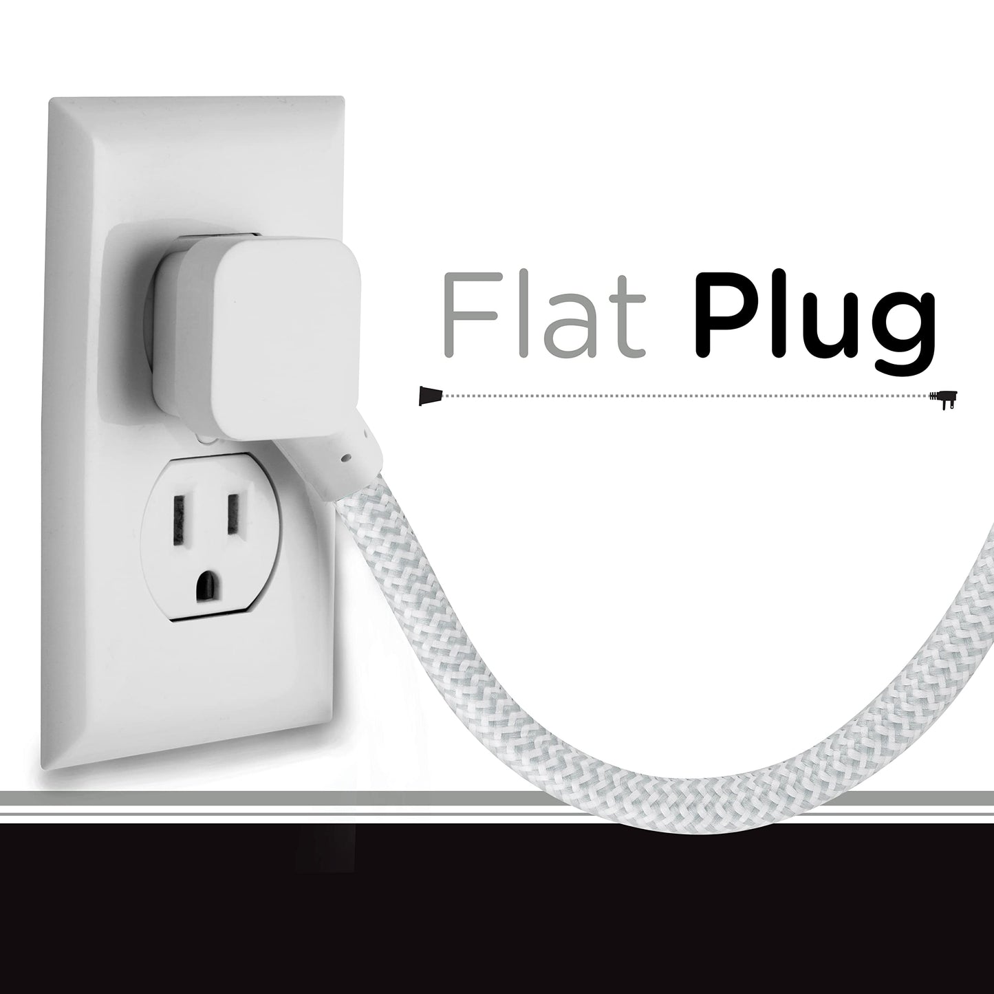 Cordinate Designer 37914 Cable de extensión de 3 Salidas con protección contra sobretensiones, Gris, Cable de Tela Decorativa Trenzada, 10 pies