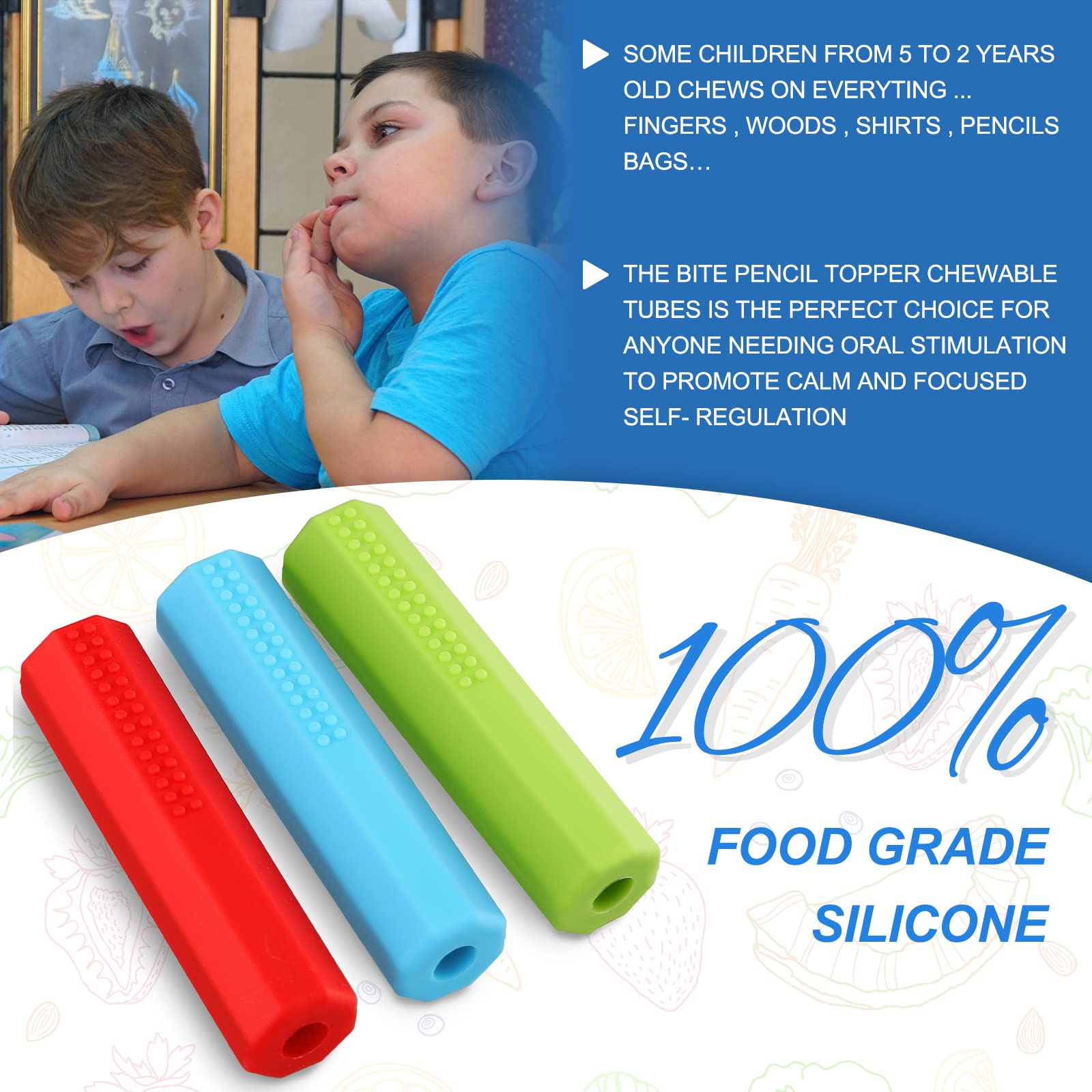 Eersida - Juego de 6 piezas de lápices sensoriales masticables para lápices masticables, juguetes sensoriales para niños y niñas, necesidades motoras orales (rojo, azul, verde)