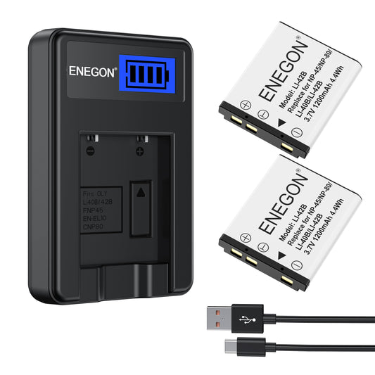 Batería y Kit de Carga LCD ENEGON Negro 1200mAh para Olympus, Nikon y Fujifilm