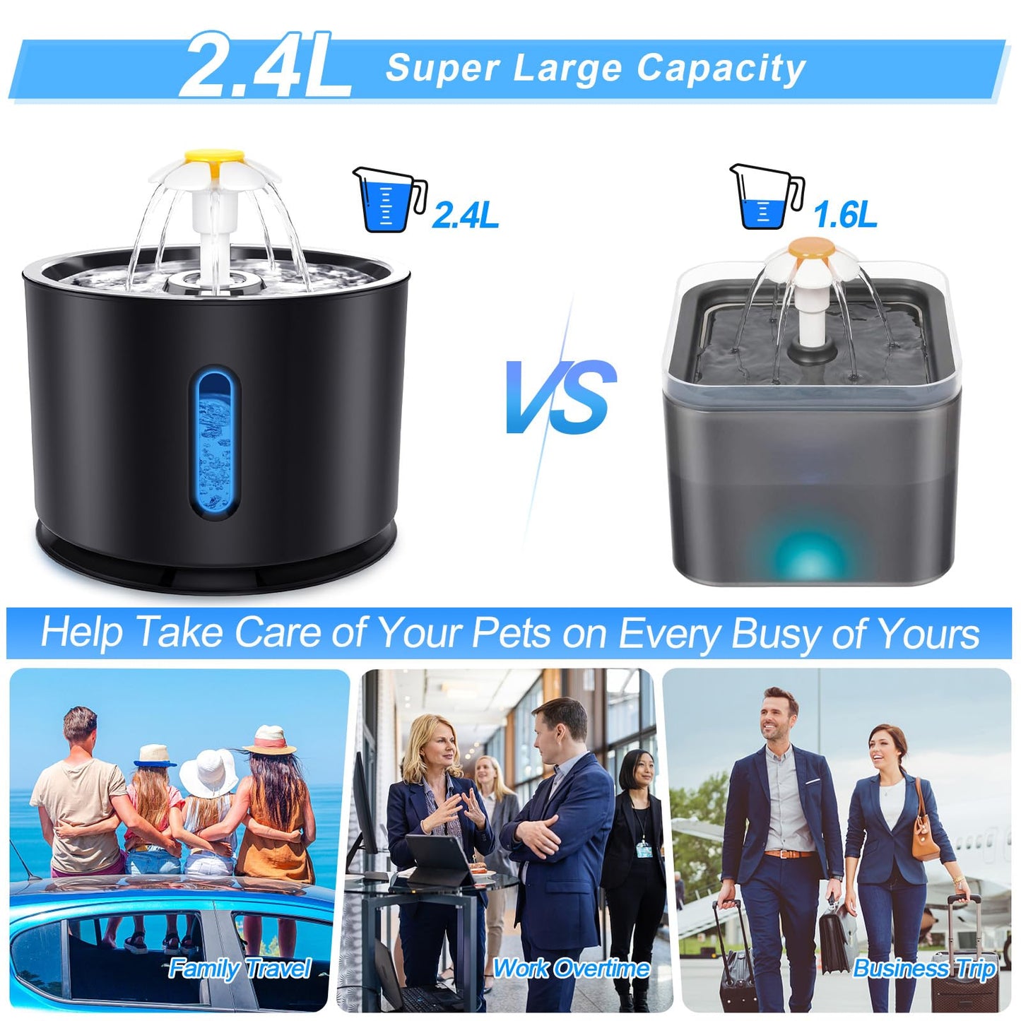 Fuente de agua para gatos Parner, 2,4 l de acero inoxidable automático para mascotas, dispensador de agua con bomba inteligente e indicador LED para alerta de escasez de agua, fuente de agua para gatos y perros con 4 filtros de repuesto y alfombrilla de s