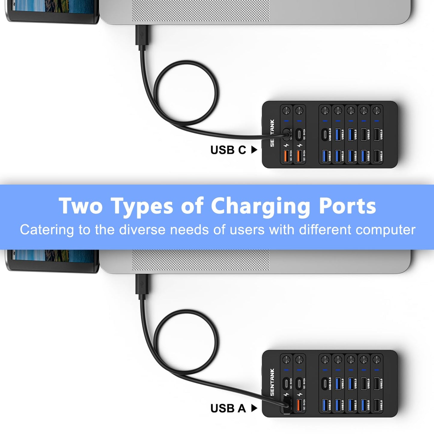 Hub USB SENTANK Negro con 14 Puertos y Carga Rápida