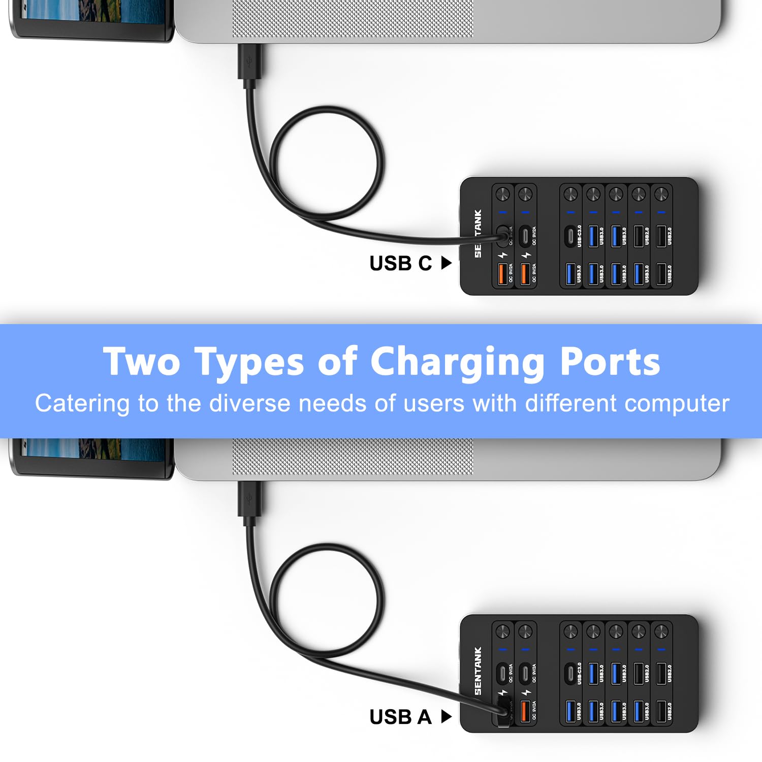 Hub USB SENTANK Negro con 14 Puertos y Carga Rápida