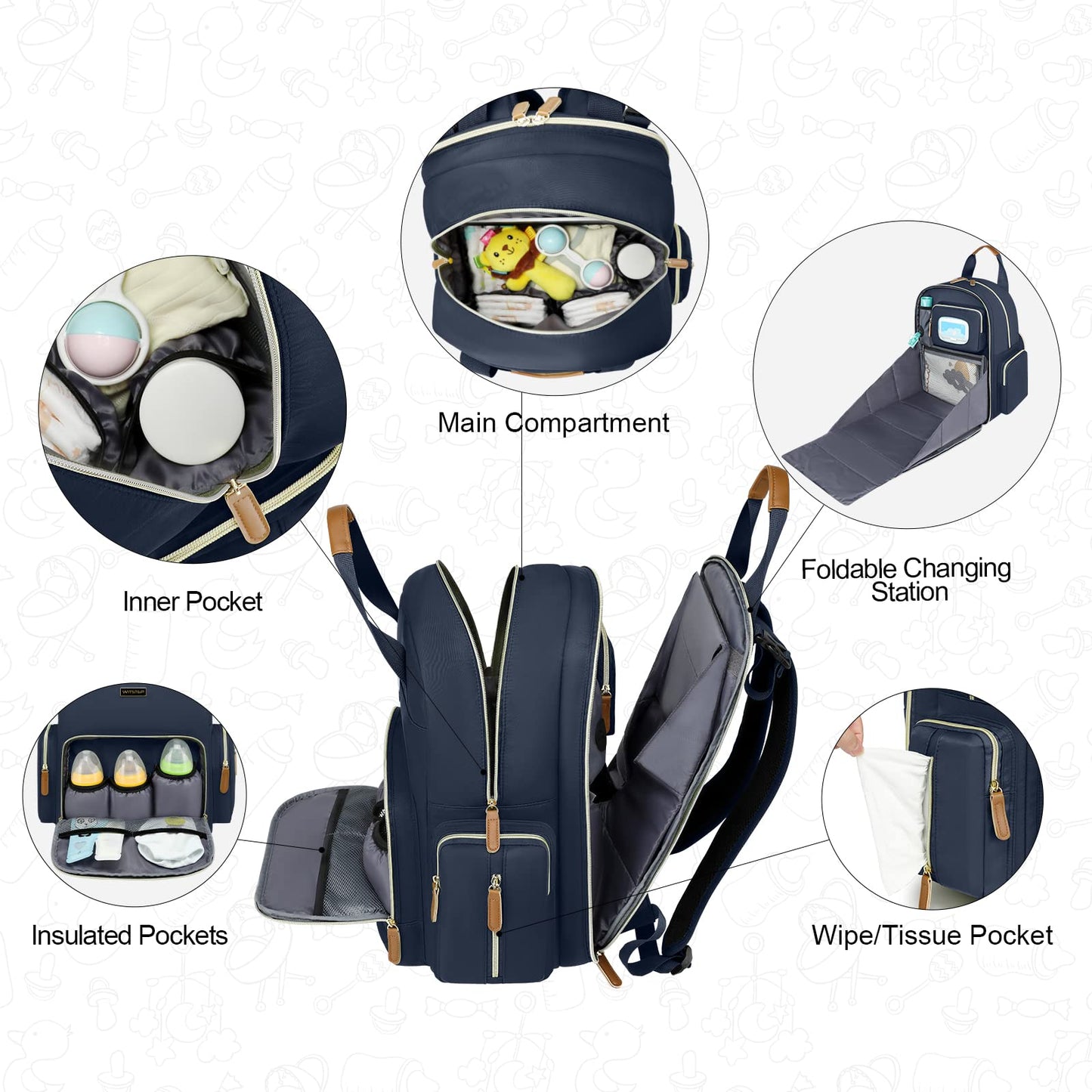 WITSTEP - Mochila para pañales con estación de cambio, organizador de pañales para bebés, para mamás, papás, bolsas grandes para cambiar de bebé, Azul, Bolsa de pañales con cambiador