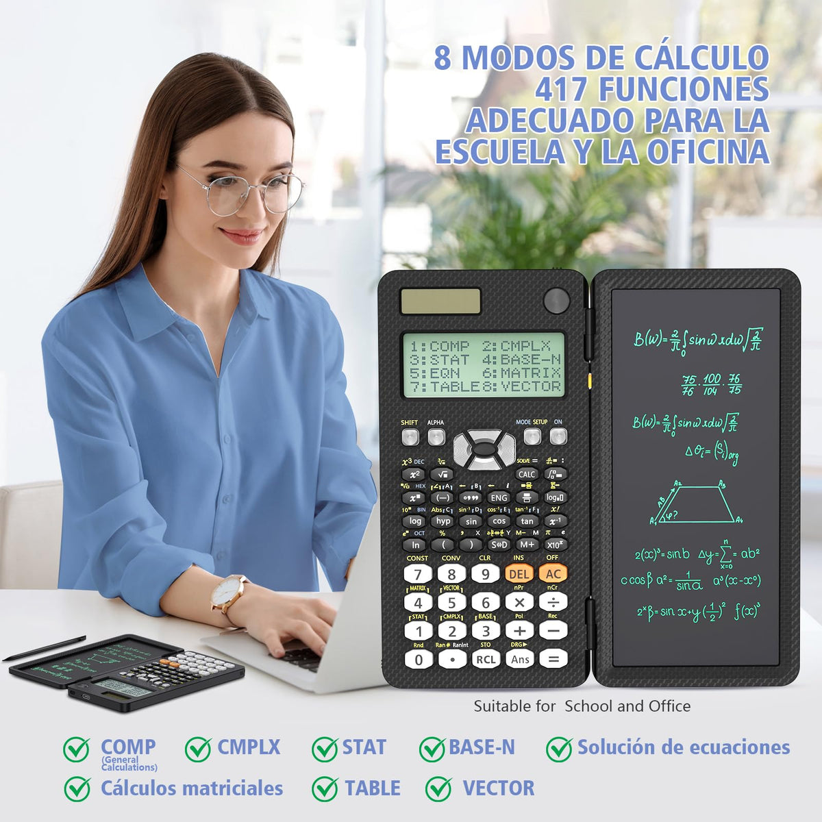 Calculadora Científica ROATEE 991ES Negra Recargable Plegable con Bloc de Notas para Estudiantes de Secundaria