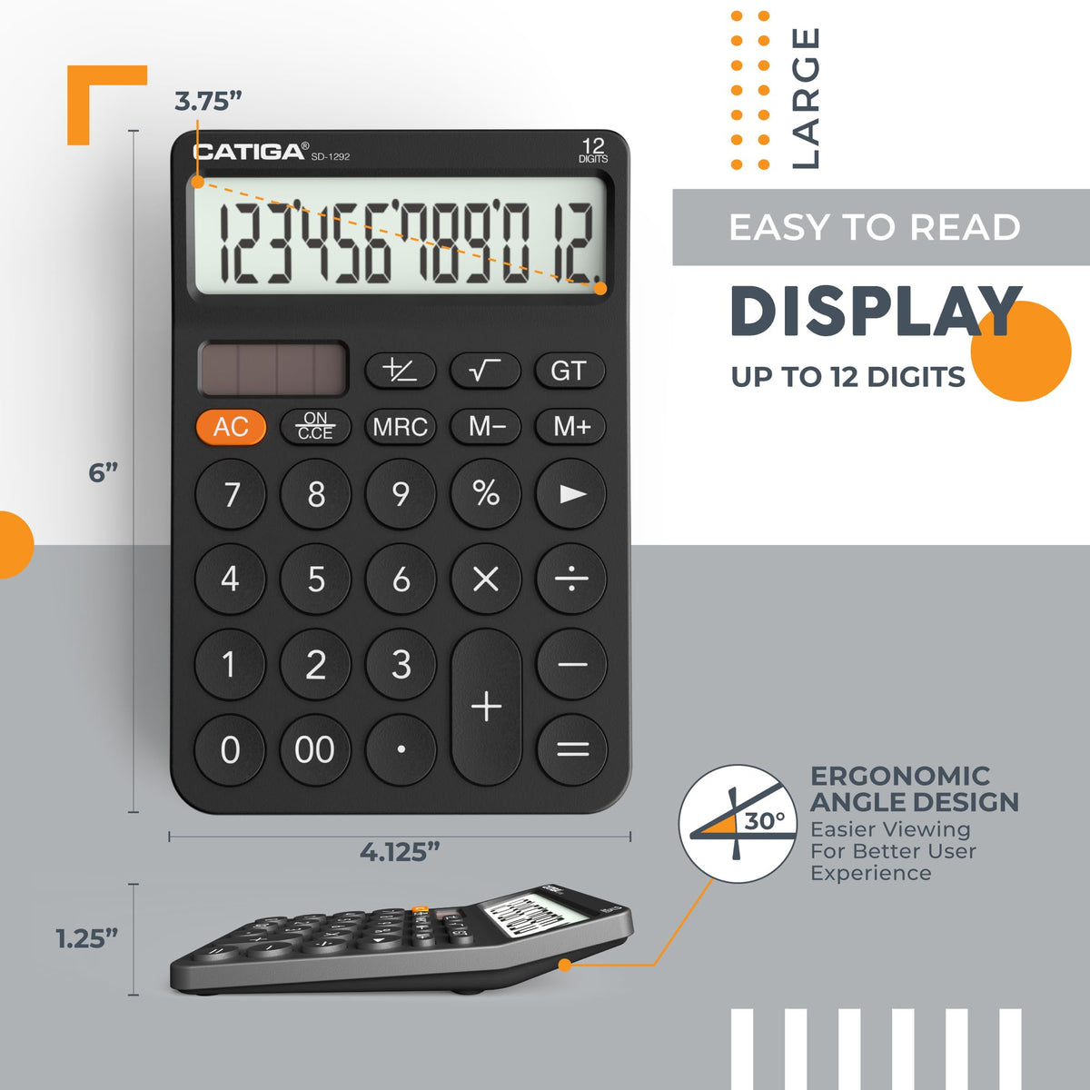 Calculadora Catiga LCD Grande 12 Dígitos Solar Batería para Oficina y Hogar