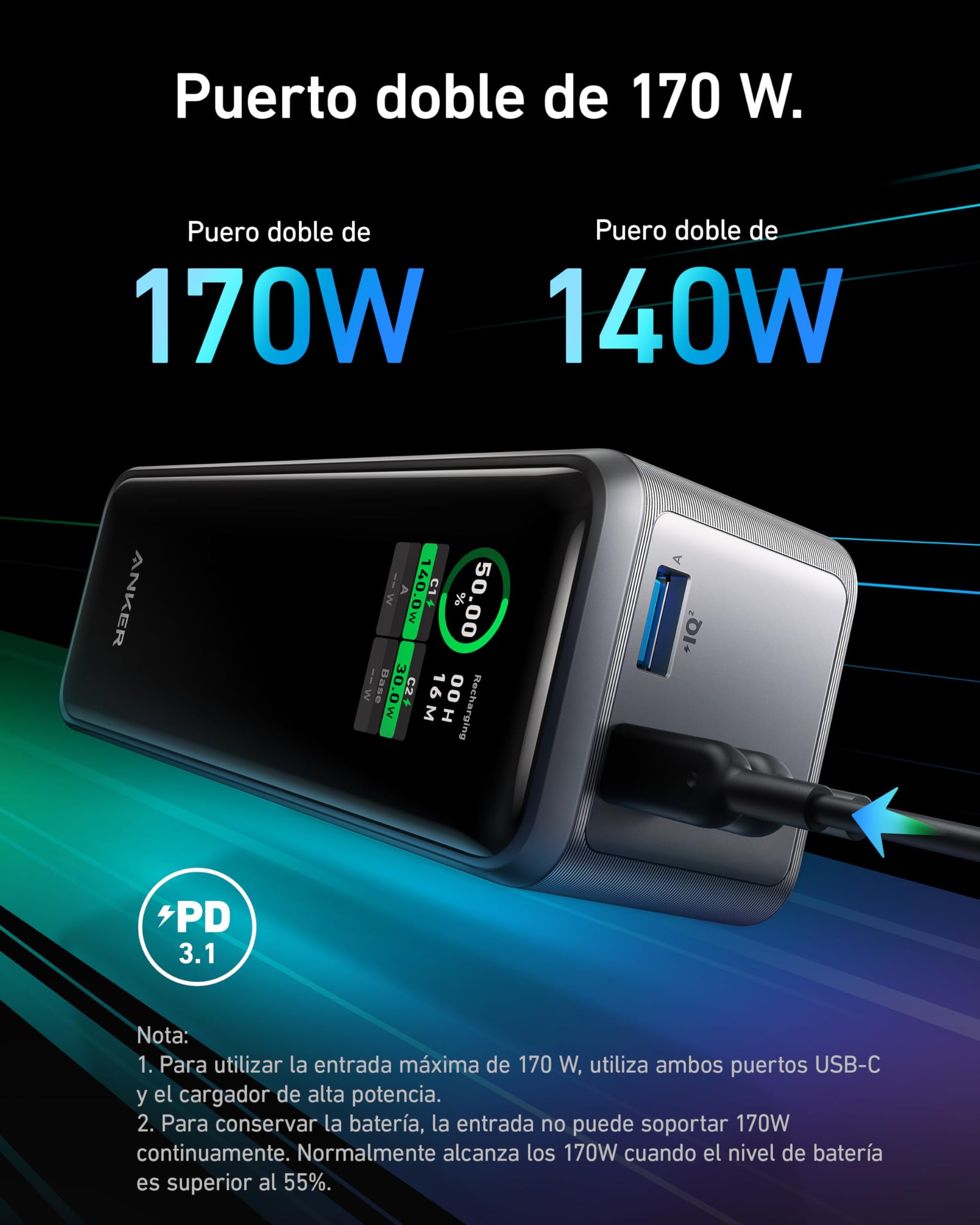 Power Bank Anker Prime Negro de 27,650mAh y 250W con 3 Puertos y App Inteligente
