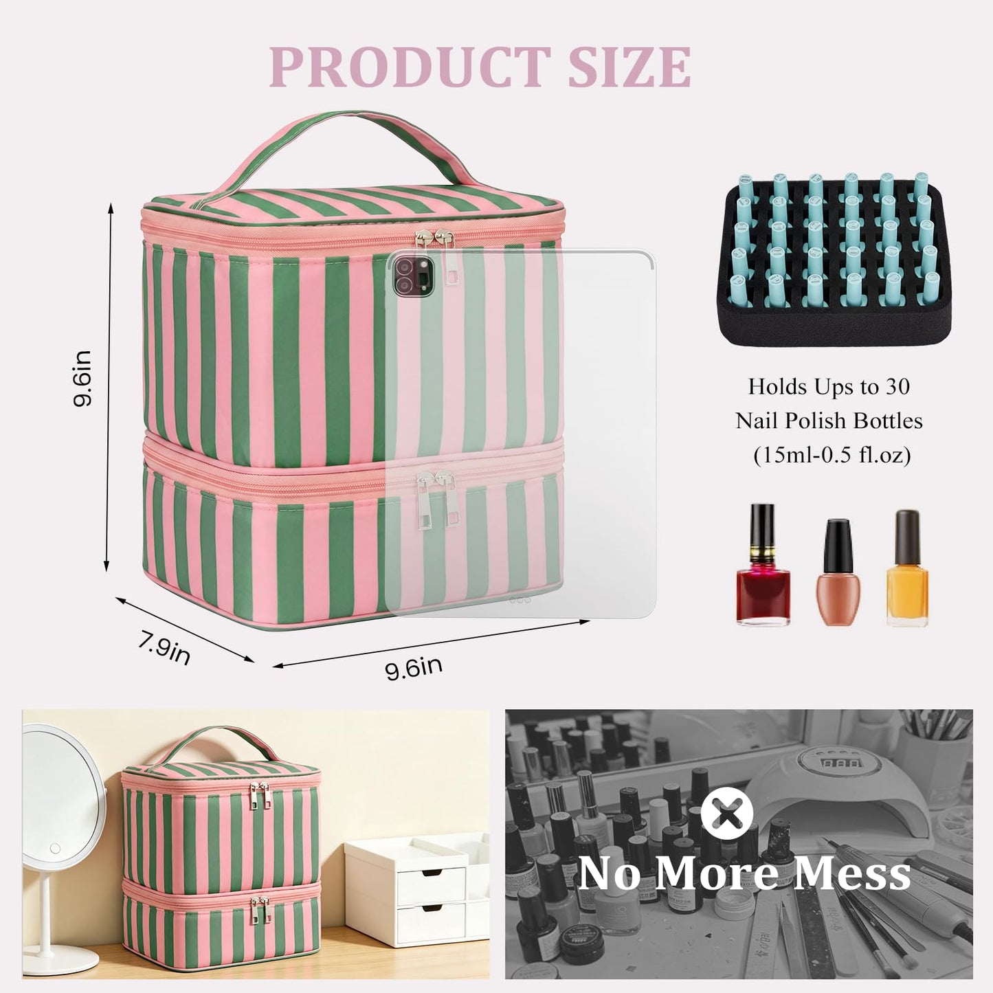 Cohawk - Bolsa organizadora de esmalte de uñas a rayas con capacidad para 30 botellas, 2 capas, estuche de almacenamiento, Verde y Rosa, 9.6 x 9.6 x 7.9 inches, Casual