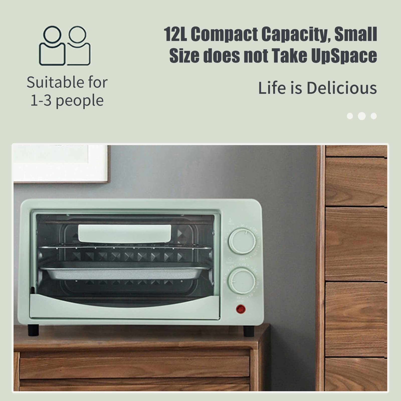 Daconovo Horno Eléctrico Doméstico Pequeño, Mini, 12L, 60-230°C, Multifunción de Alta Potencia de 600W con Ajuste y Temporizador