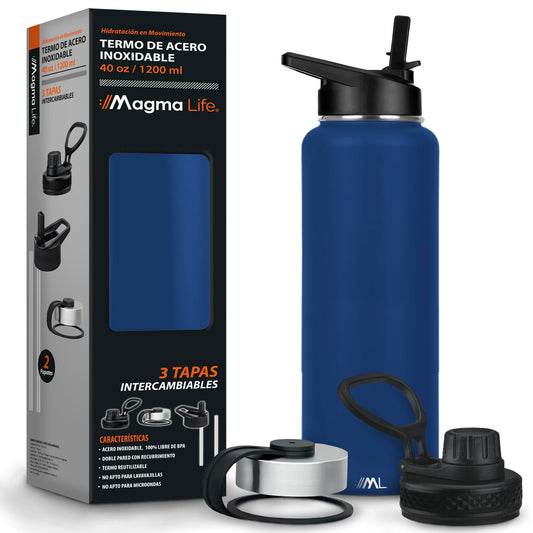 Magma Life Termo para Café y Agua de Acero Inoxidable 40 Oz (1200 ml): Contiene 3 Tapas para Diferentes tipos de Bebidas, Ideal para Mantener la Temperatura Deseada (Azul Navy)