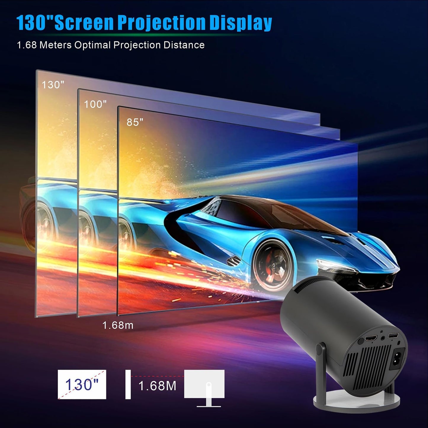 Proyector Inteligente 4K con WiFi 6 y Bluetooth 5 Android 11 Portátil Visualización 130 Pulgadas
