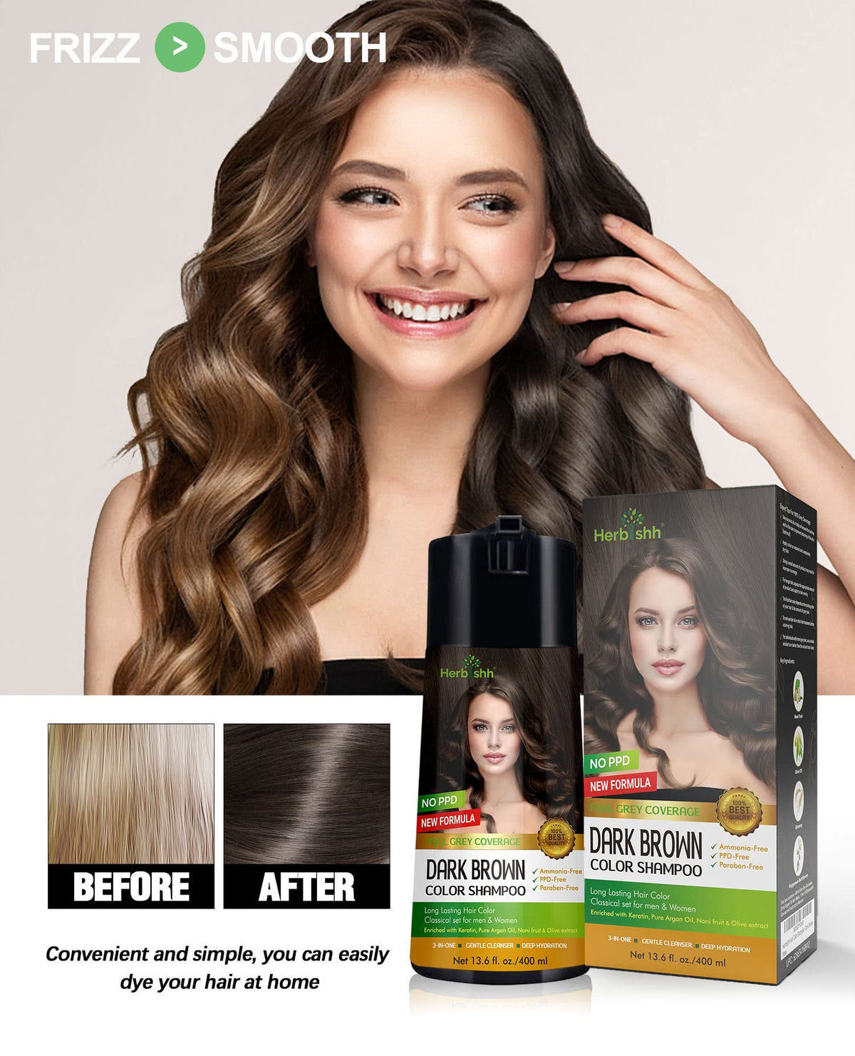 Herbishh Champú de color para cabello gris - Champú y acondicionador para teñir el cabello - Larga duración, cobertura completa de canas y bricolaje (Dark Brown) 400ml