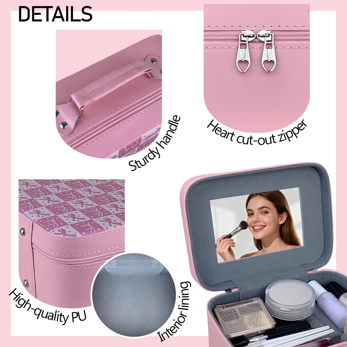 CactusNest - Estuche de maquillaje de viaje con espejo, bolsa de cosméticos de gran capacidad, para dormitorio, viajes, organizador portátil para cosméticos, herramientas de uñas, suministros de