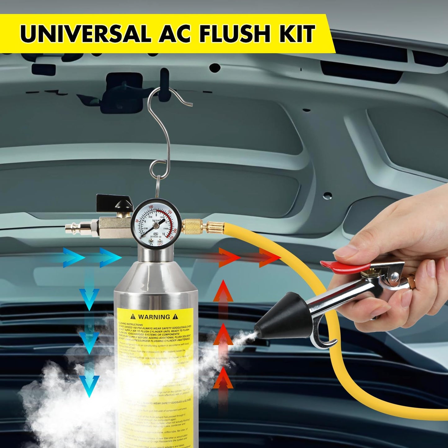 Kit de descarga de CA para sistemas de CA para automóviles y domésticos, juego de herramientas de limpieza de aire acondicionado con manómetro, manguera de nailon y recipiente de acero inoxidable para