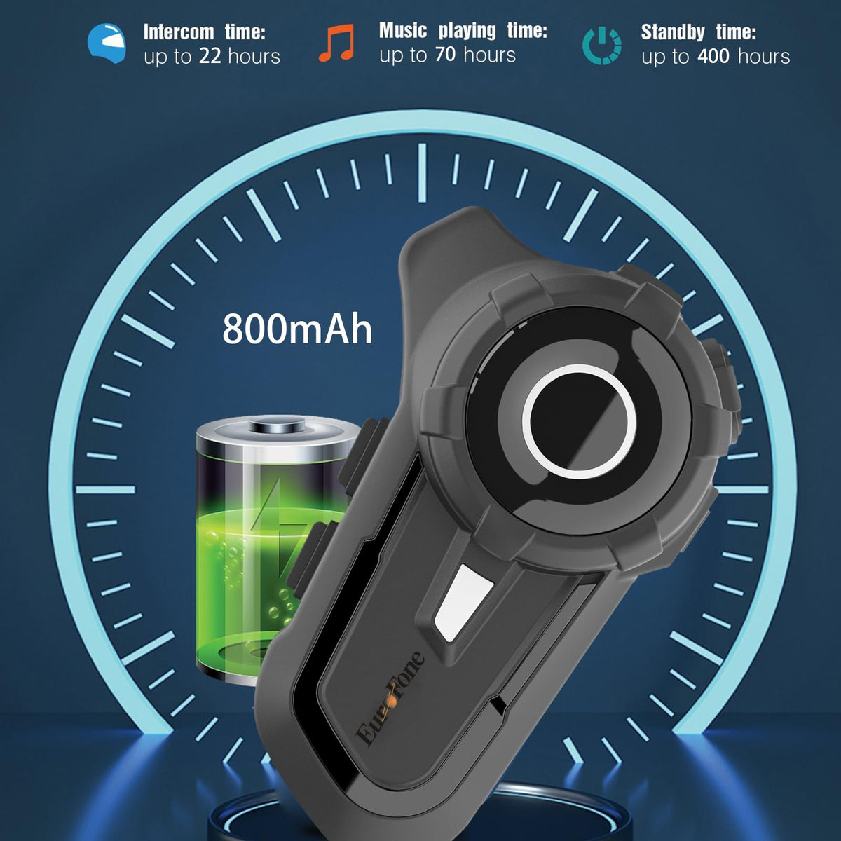 Intercomunicador para Motos EuroFone S2 Negro con Comunicación de 800m y Control de Música para Hombre