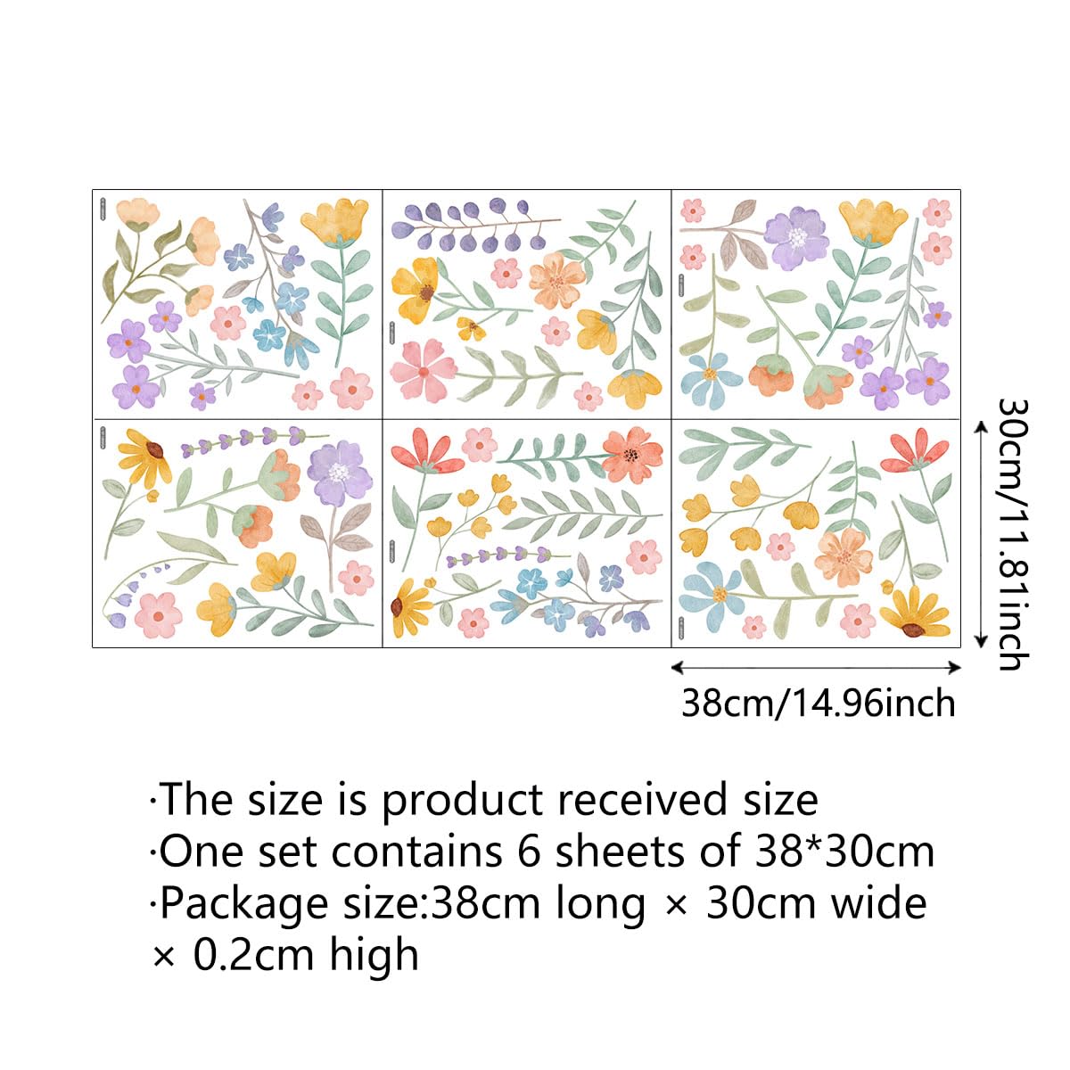 Calcomanías de pared de flores de acuarela bohemias – arte de flores silvestres extraíbles para recámara de niñas, cuarto de niños, decoración de murales de vinilo