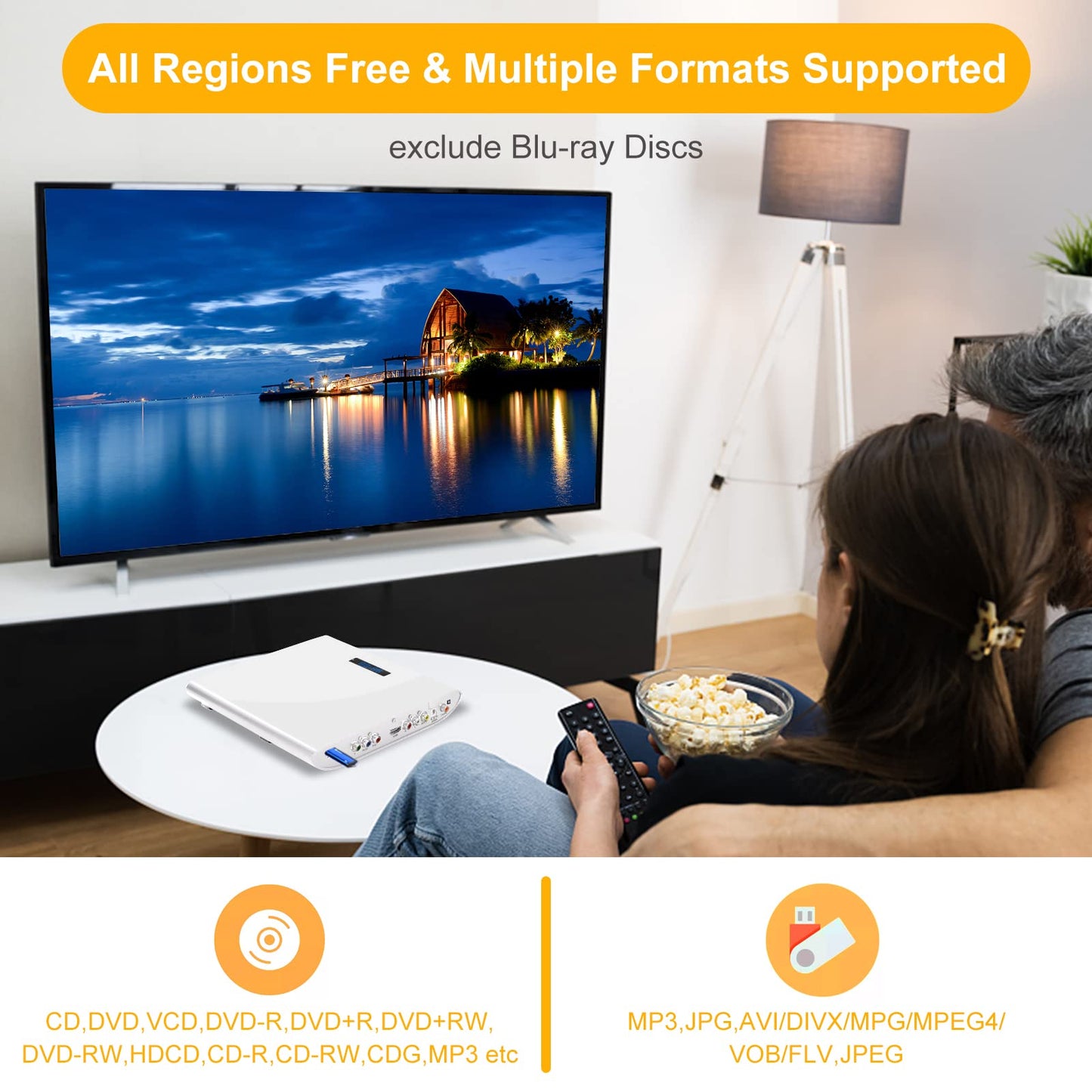 Famishow, reproductor de DVD gratuito para TV de todas las regiones con salida AV/HDMI y entrada USB, reproductor de DVD HD 1080P con cable HDMI, control remoto y cable AV, montaje en pared (blanco)