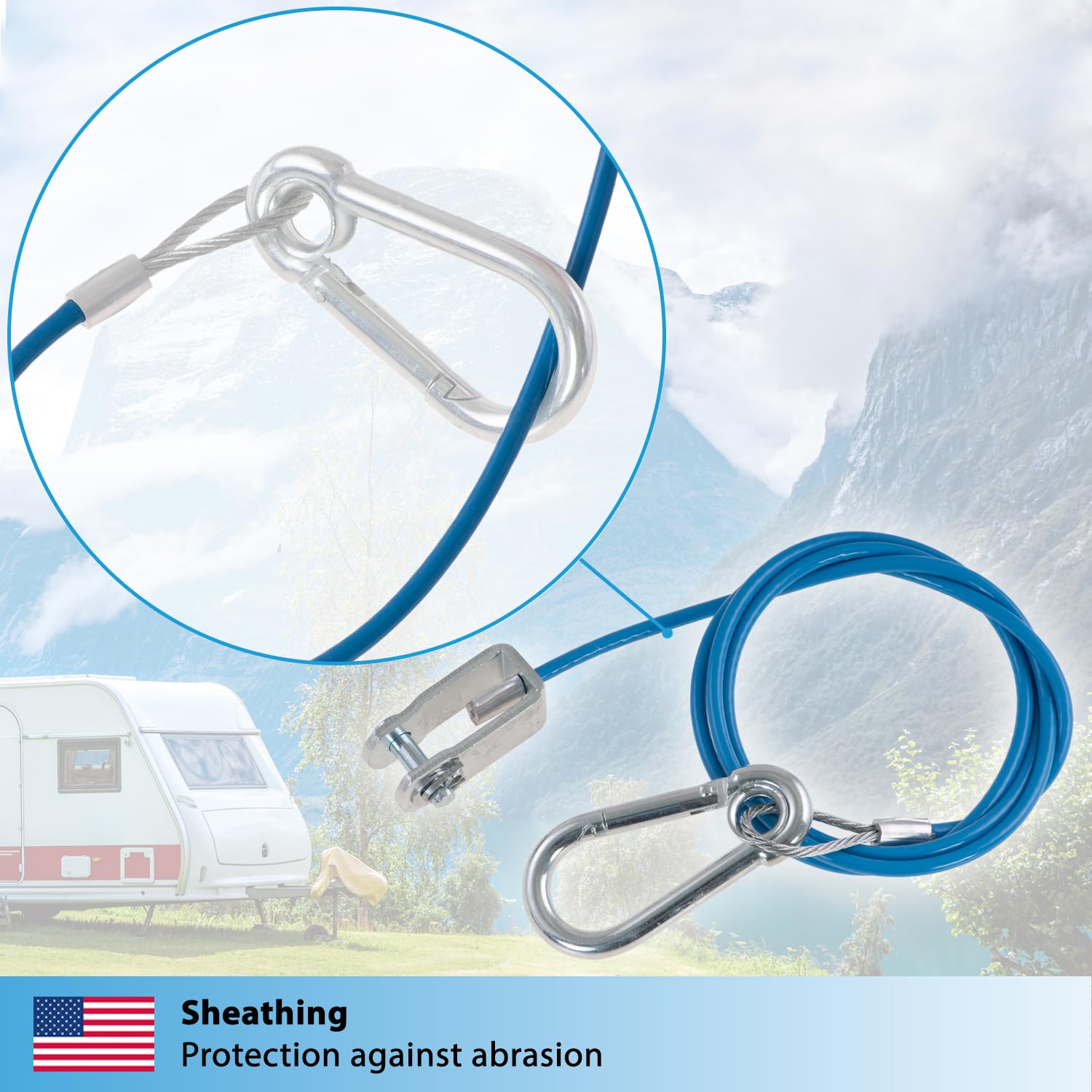 Valonic Cable Breakaway para remolques y caravanas, 1 m, azul, con mosquetón, 250 kg de resistencia a la rotura, cable Breakaway con cabeza de horquilla (grillete), Ripcord, cable Breakaway