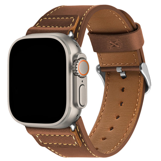 Correa Cuero Wristitani Marrón Oscuro Hebilla Plateada Compatible Apple Watch para Hombre