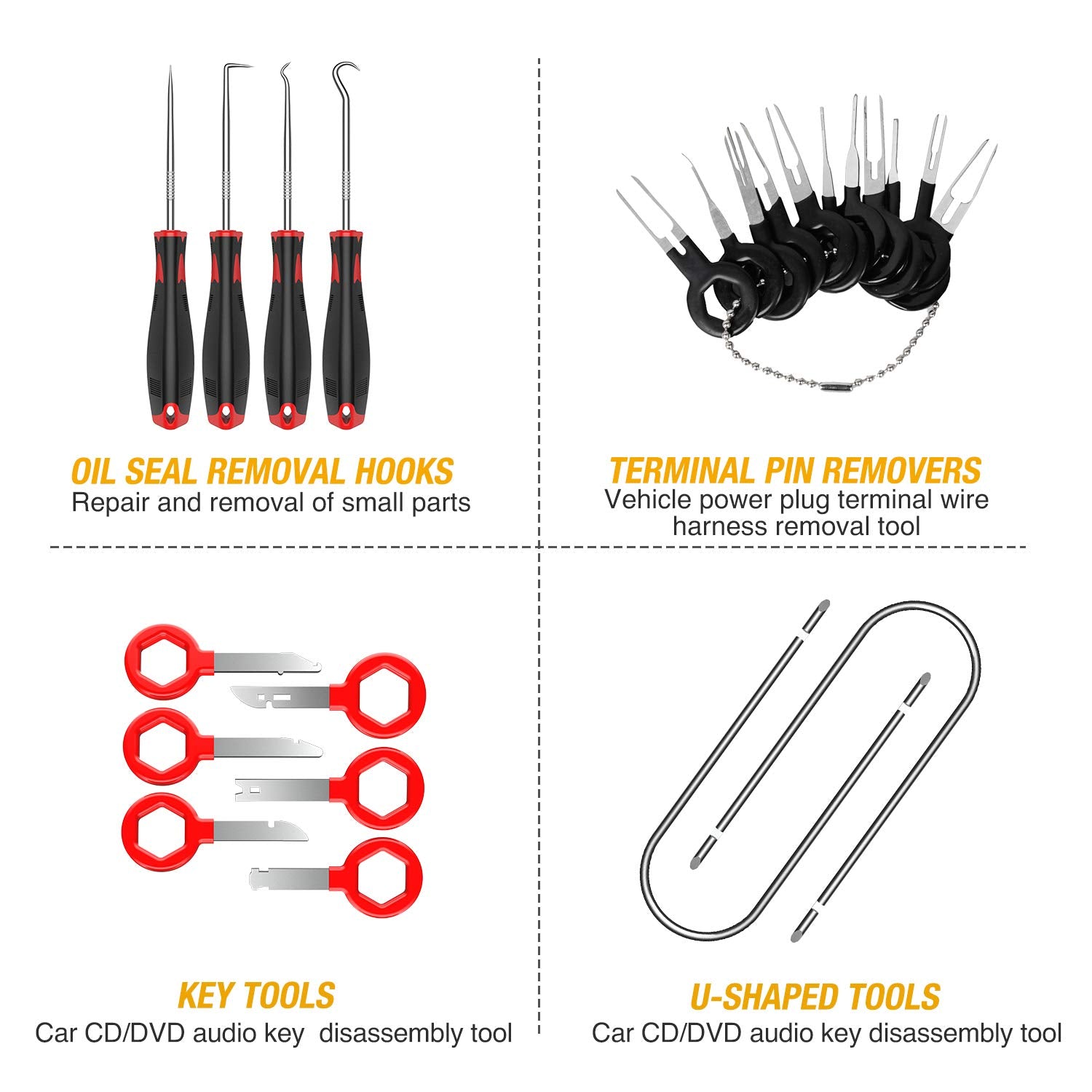 GOOACC - 40 llaves de recorte GRC-92, alicates con clip automático, herramientas de extracción estéreo, kit de palas de reparación de tapicería, juego de ganchos y púas de precisión, enhebrador de cables, raspador de película para automóviles con STOR
