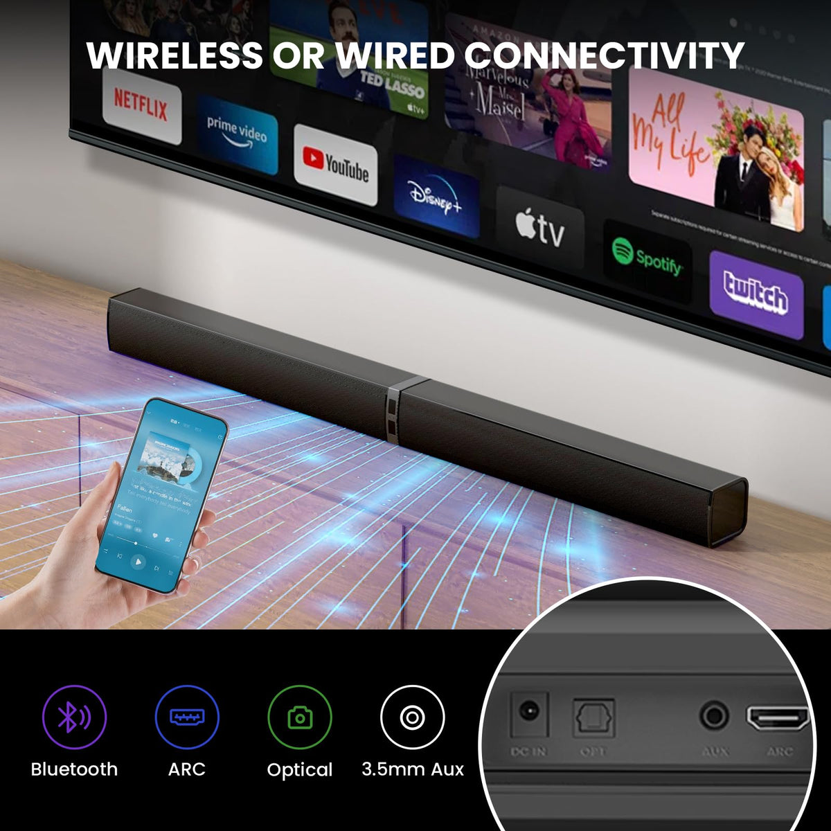 Barra de Sonido MZEIBO Negra Desmontable de 80 W con Graves Potentes para Smart TV