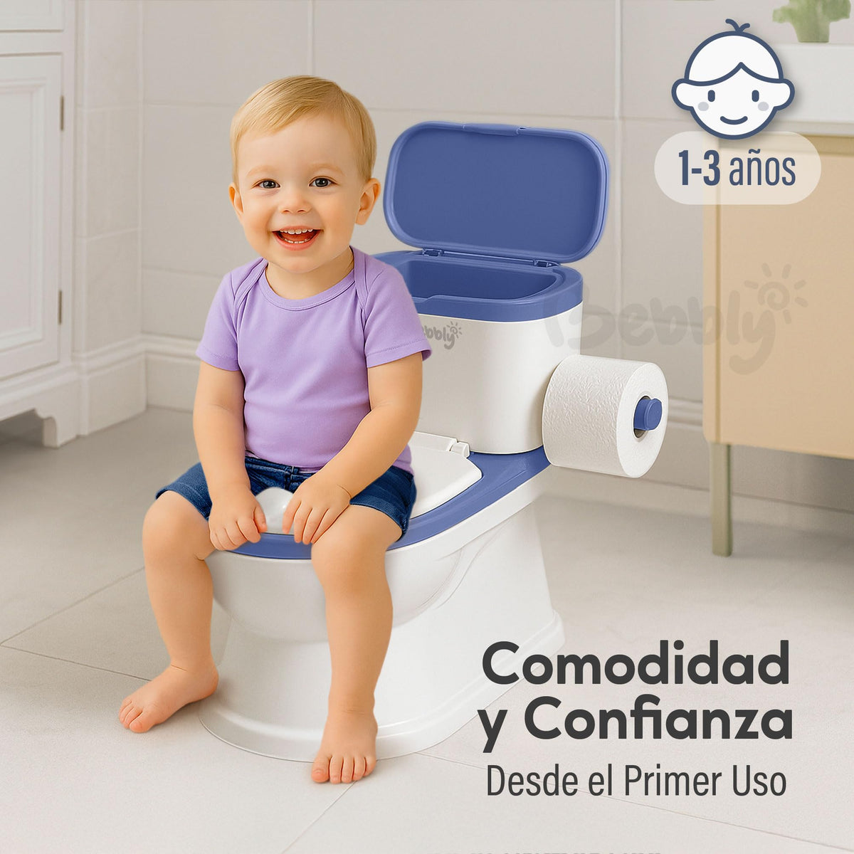 BEBBLY Bañito Entrenador Infantil con Sonido Musical Portarrollo y Almacenamiento Asiento Antiderrapante para Niños y Niñas de 6 Meses a 3 Años Fácil de Limpiar Ideal para Aprender a Ir al Baño (Azul)