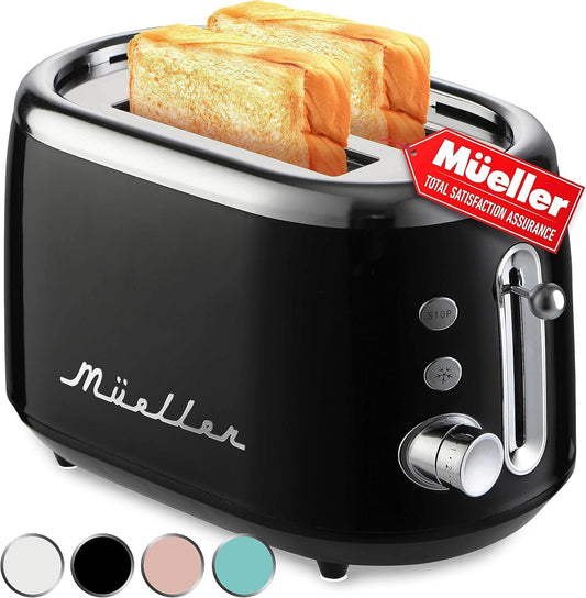 MÜELLERHOME tostador retro 2 rebanadas, 7 niveles de dorado, 3 funciones (recalentar, descongelar, cancelar), negro